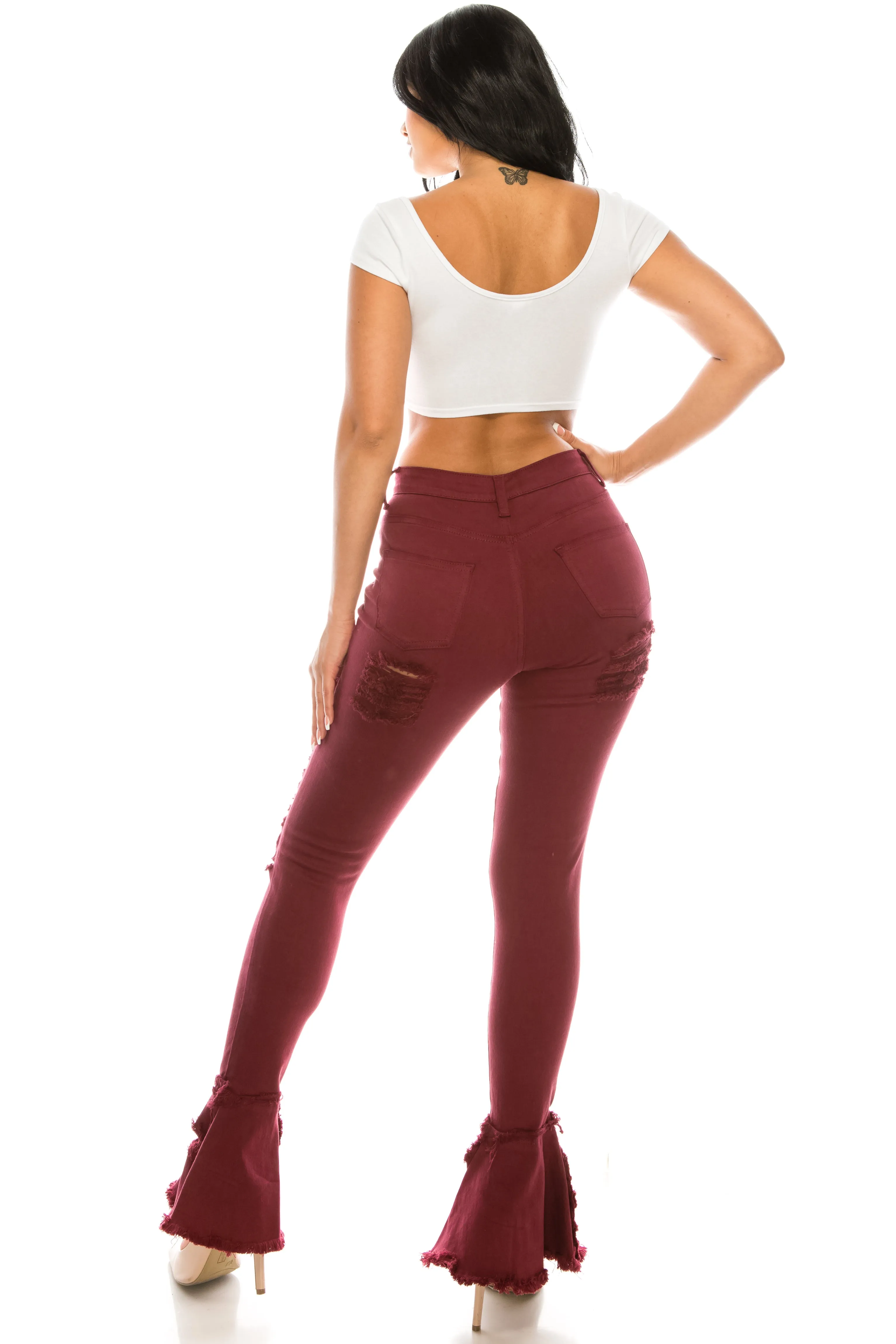 2051 Women's Super High Waisted Distressed Frayed Flare Jeans with Cut Outs