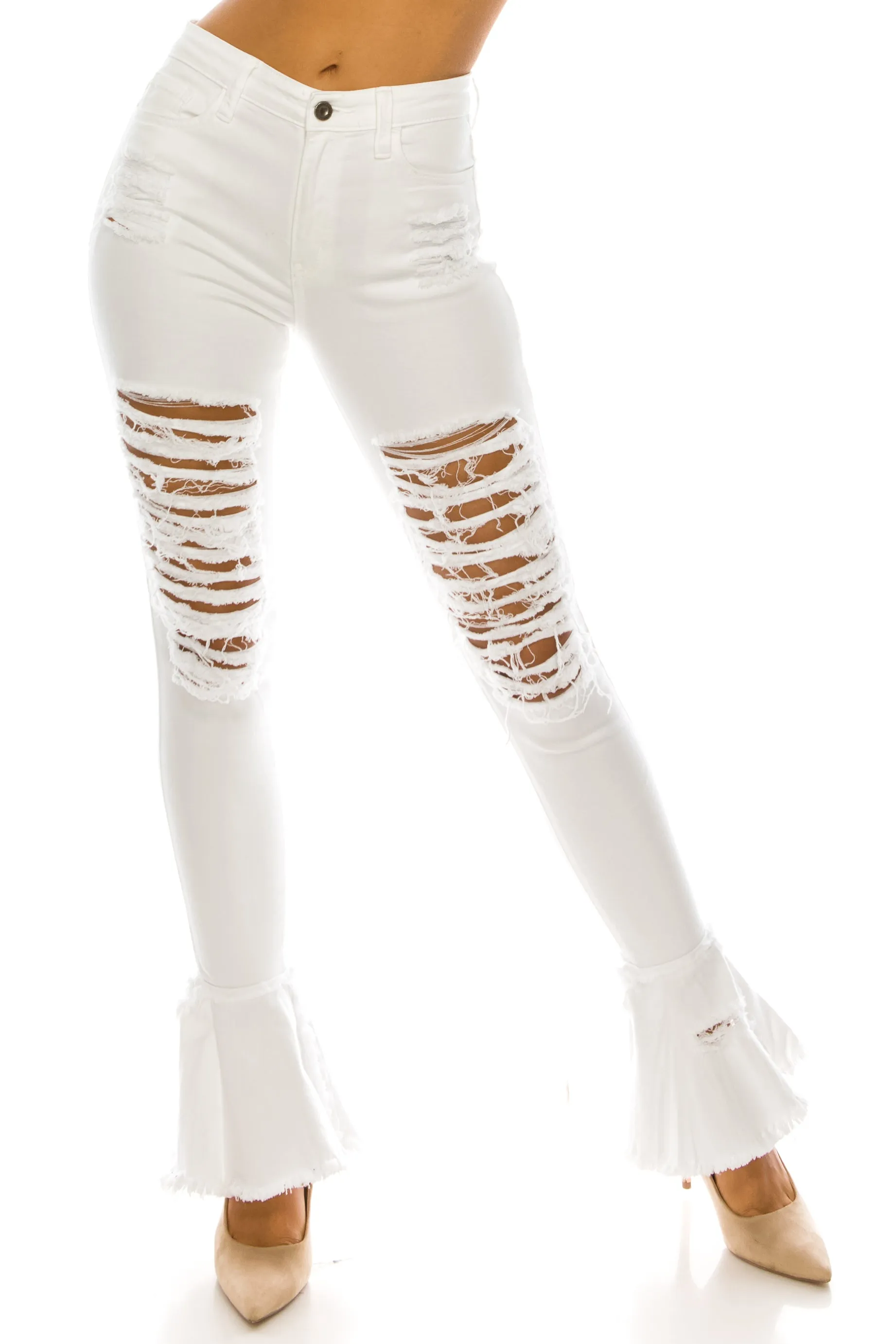 2051 Women's Super High Waisted Distressed Frayed Flare Jeans with Cut Outs