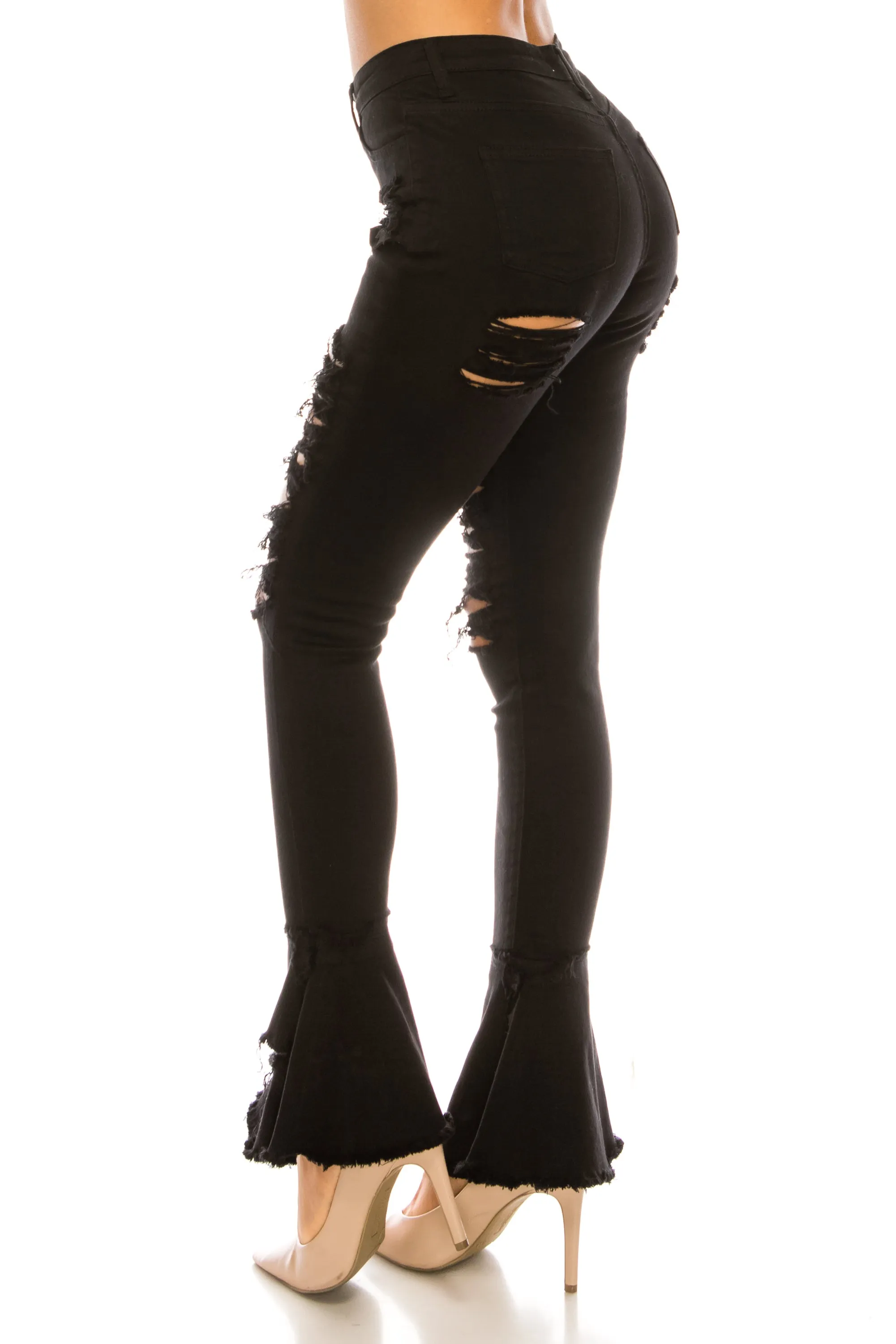 2051 Women's Super High Waisted Distressed Frayed Flare Jeans with Cut Outs