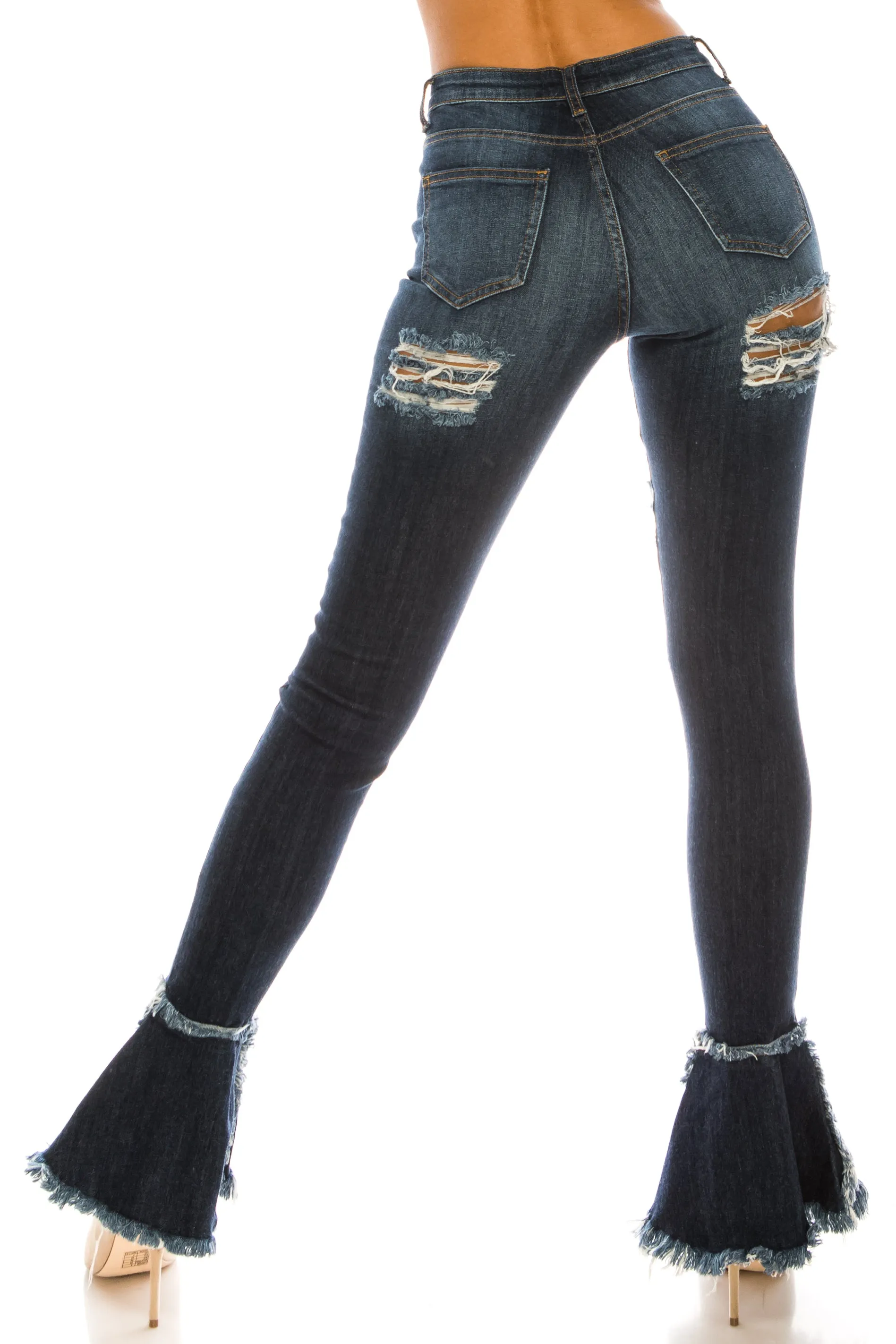 2051 Women's Super High Waisted Distressed Frayed Flare Jeans with Cut Outs