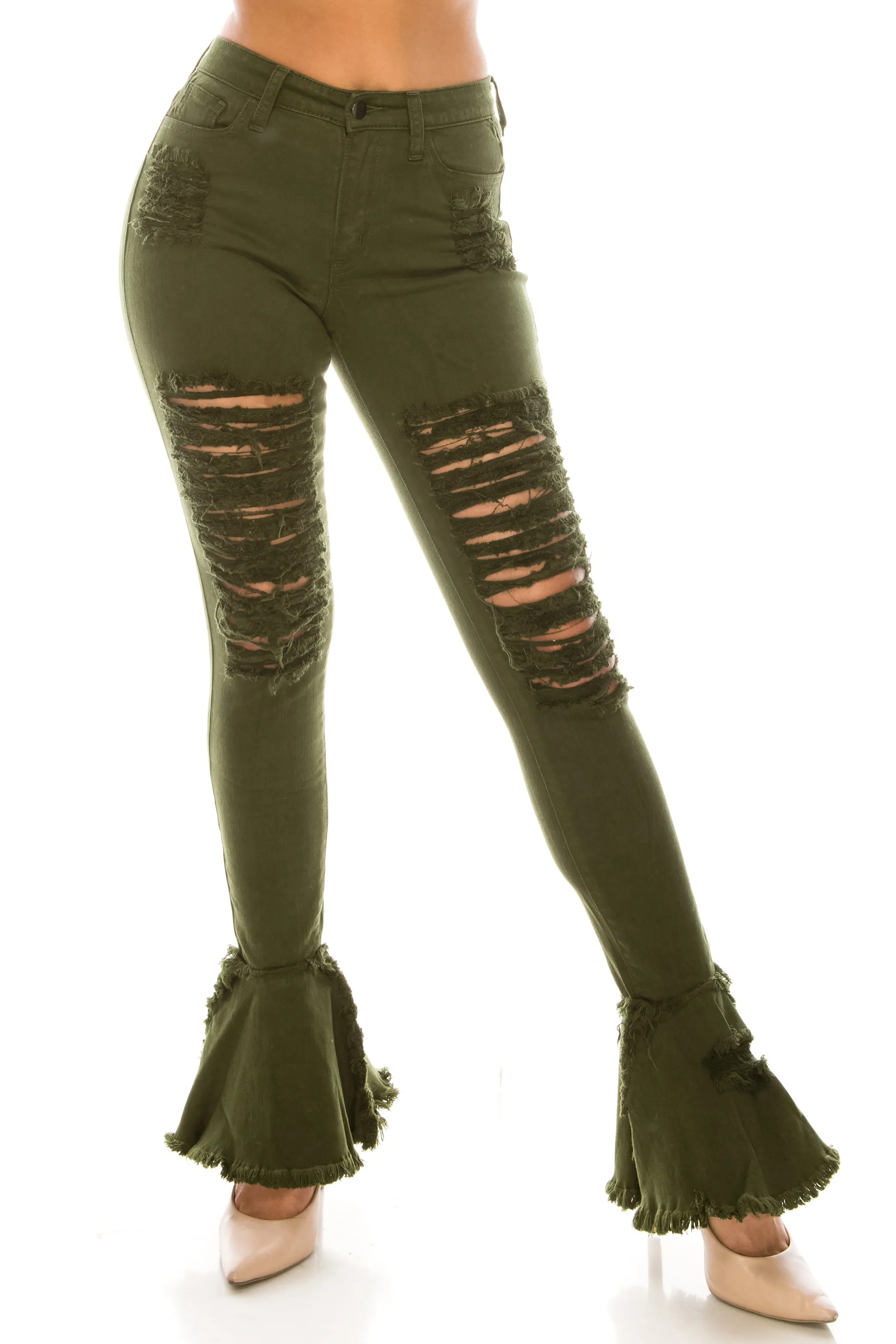 2051 Women's Super High Waisted Distressed Frayed Flare Jeans with Cut Outs