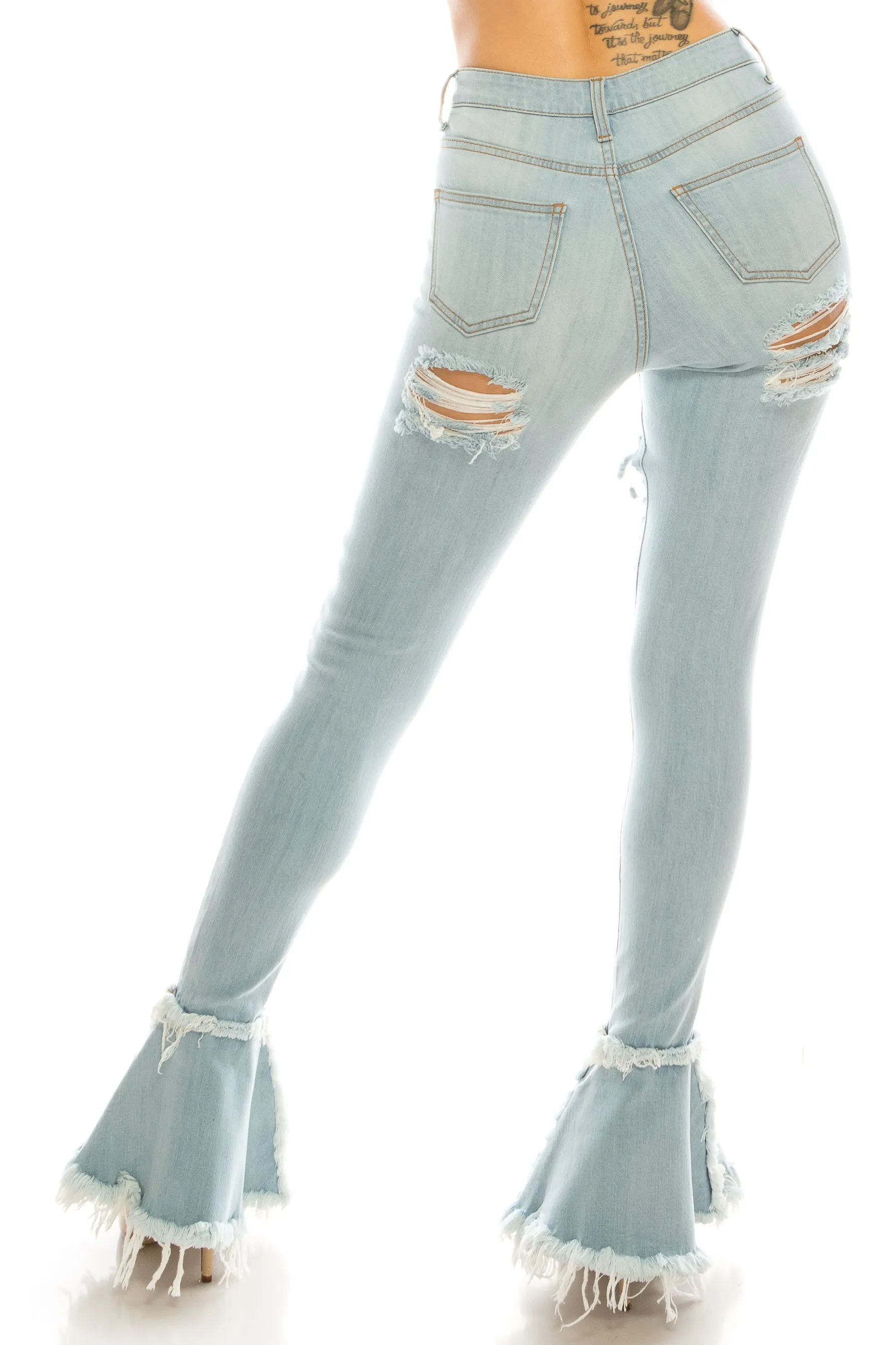 2051 Women's Super High Waisted Distressed Frayed Flare Jeans with Cut Outs