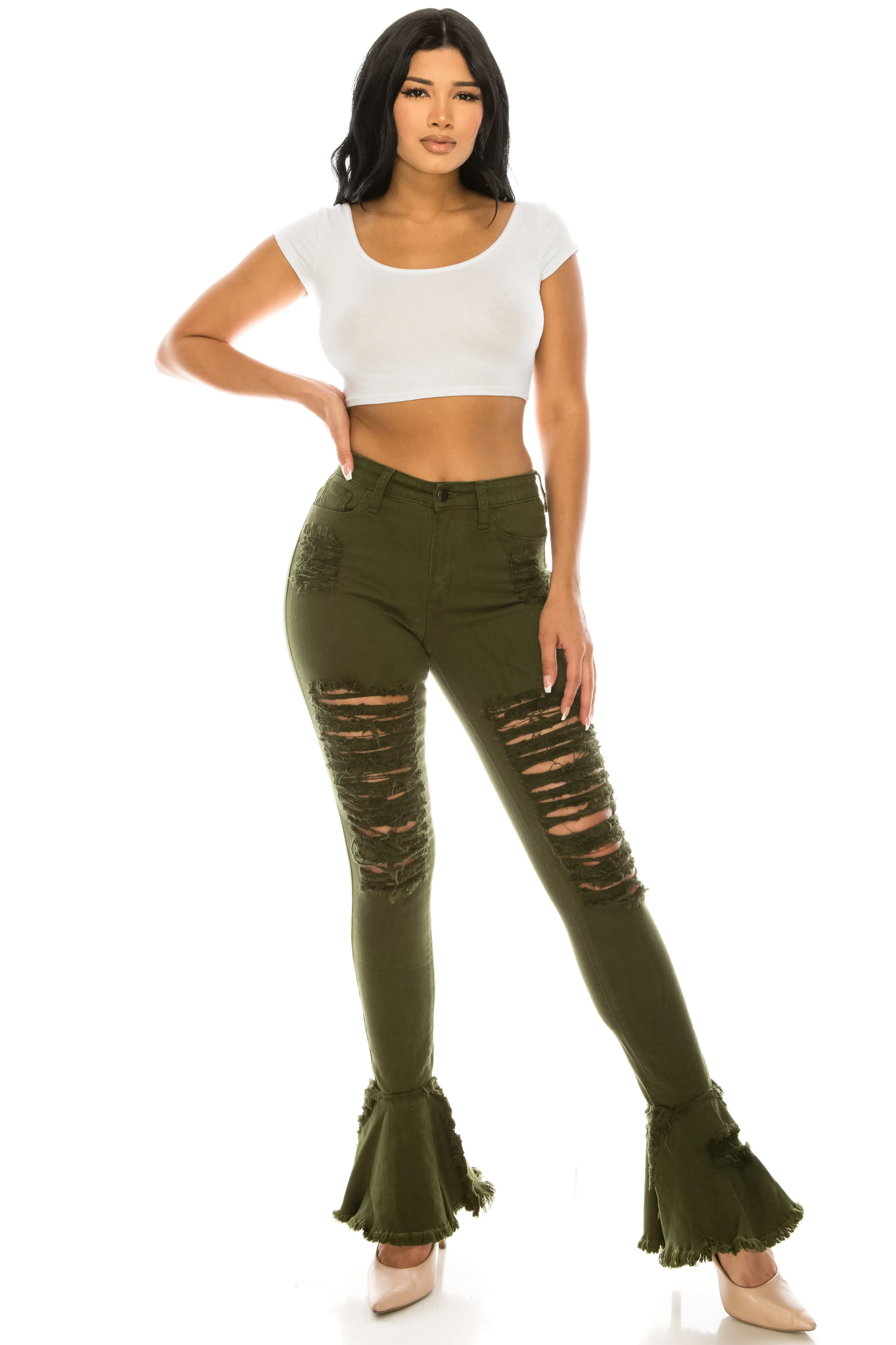 2051 Women's Super High Waisted Distressed Frayed Flare Jeans with Cut Outs