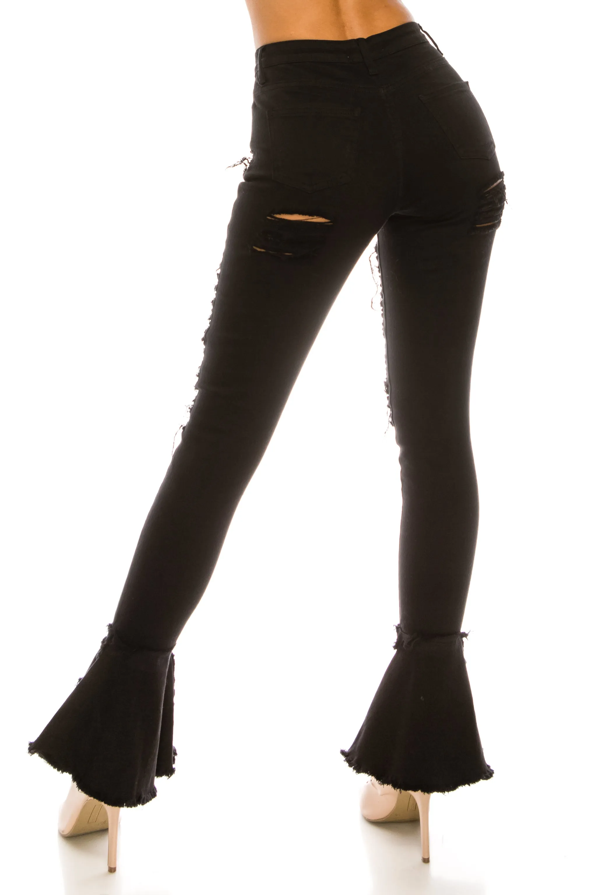 2051 Women's Super High Waisted Distressed Frayed Flare Jeans with Cut Outs