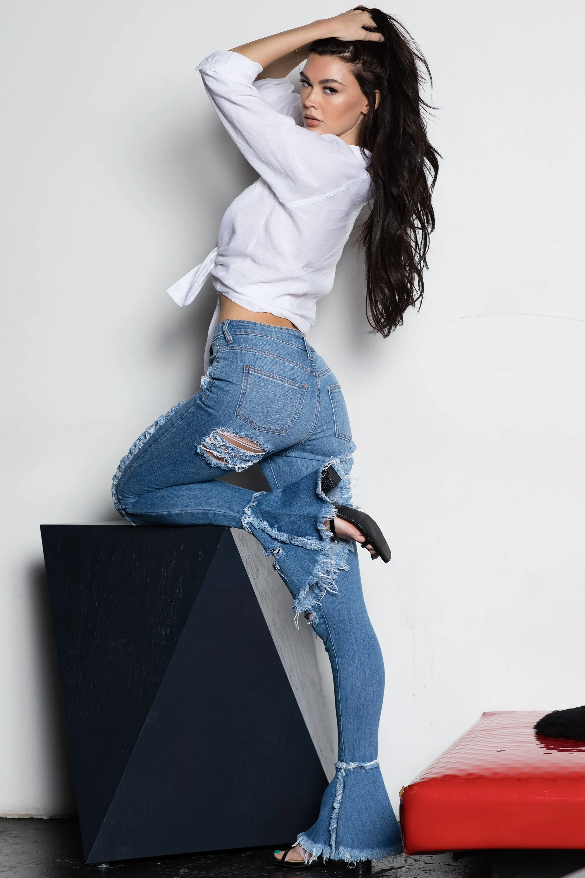2051 Women's Super High Waisted Distressed Frayed Flare Jeans with Cut Outs