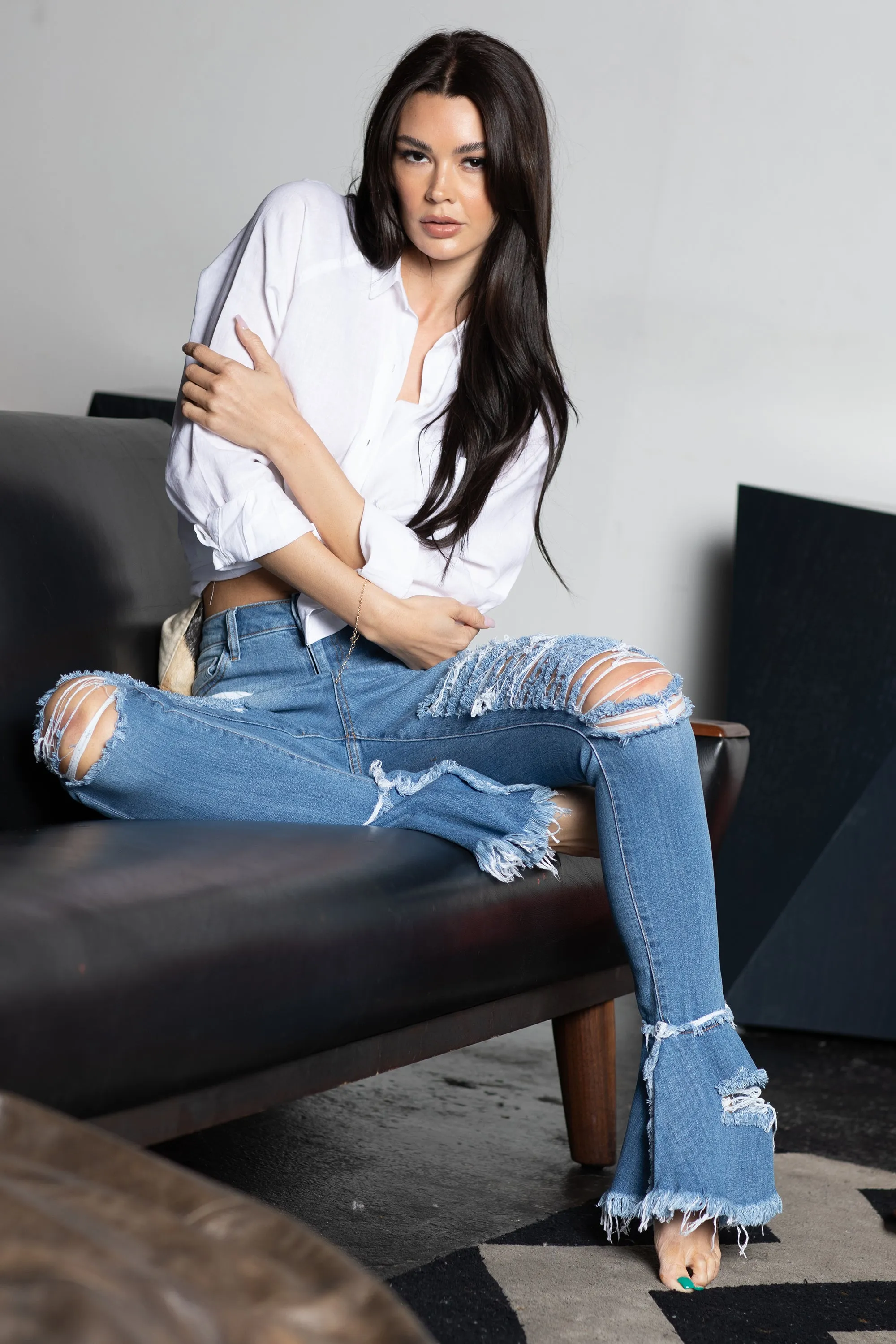 2051 Women's Super High Waisted Distressed Frayed Flare Jeans with Cut Outs