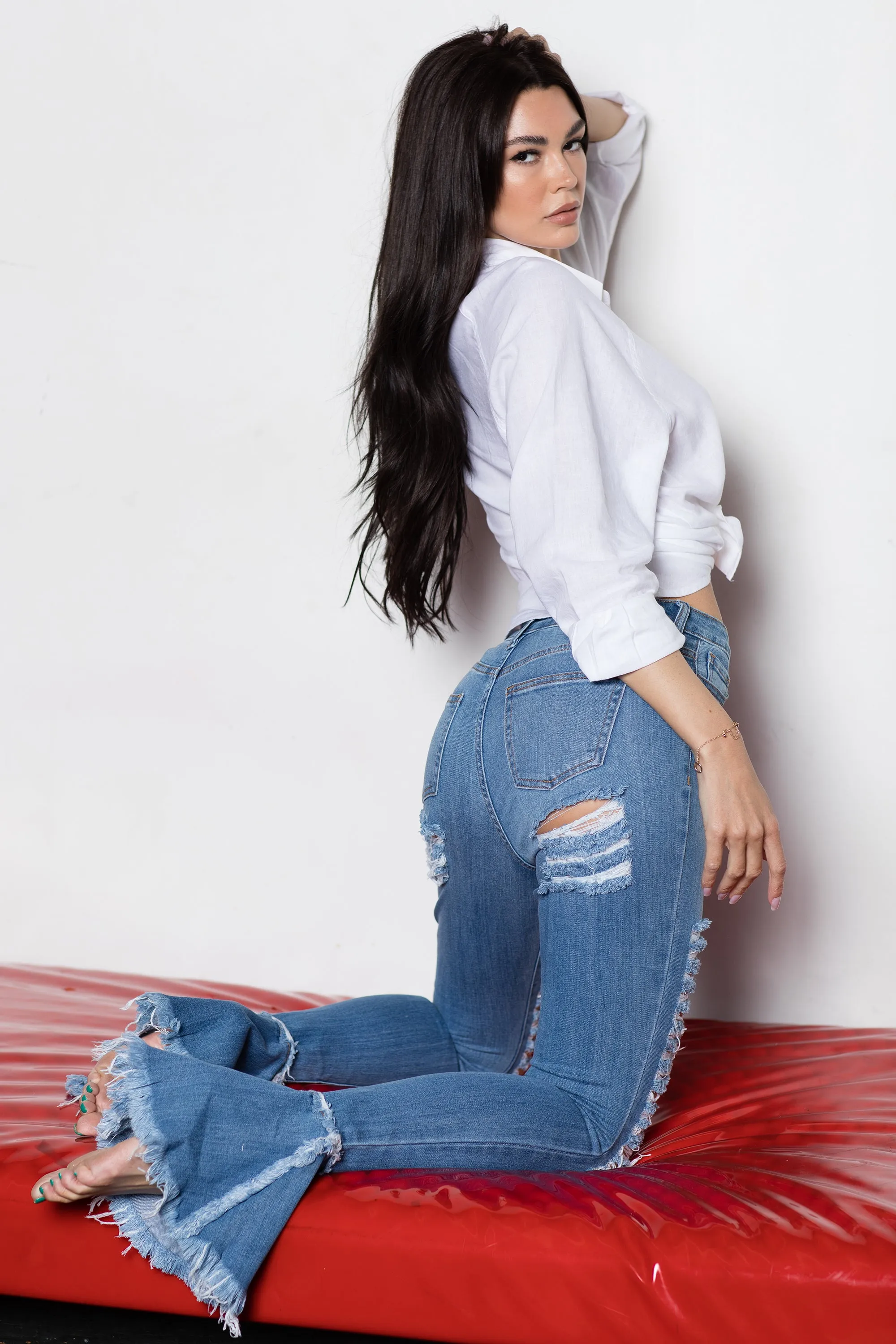 2051 Women's Super High Waisted Distressed Frayed Flare Jeans with Cut Outs
