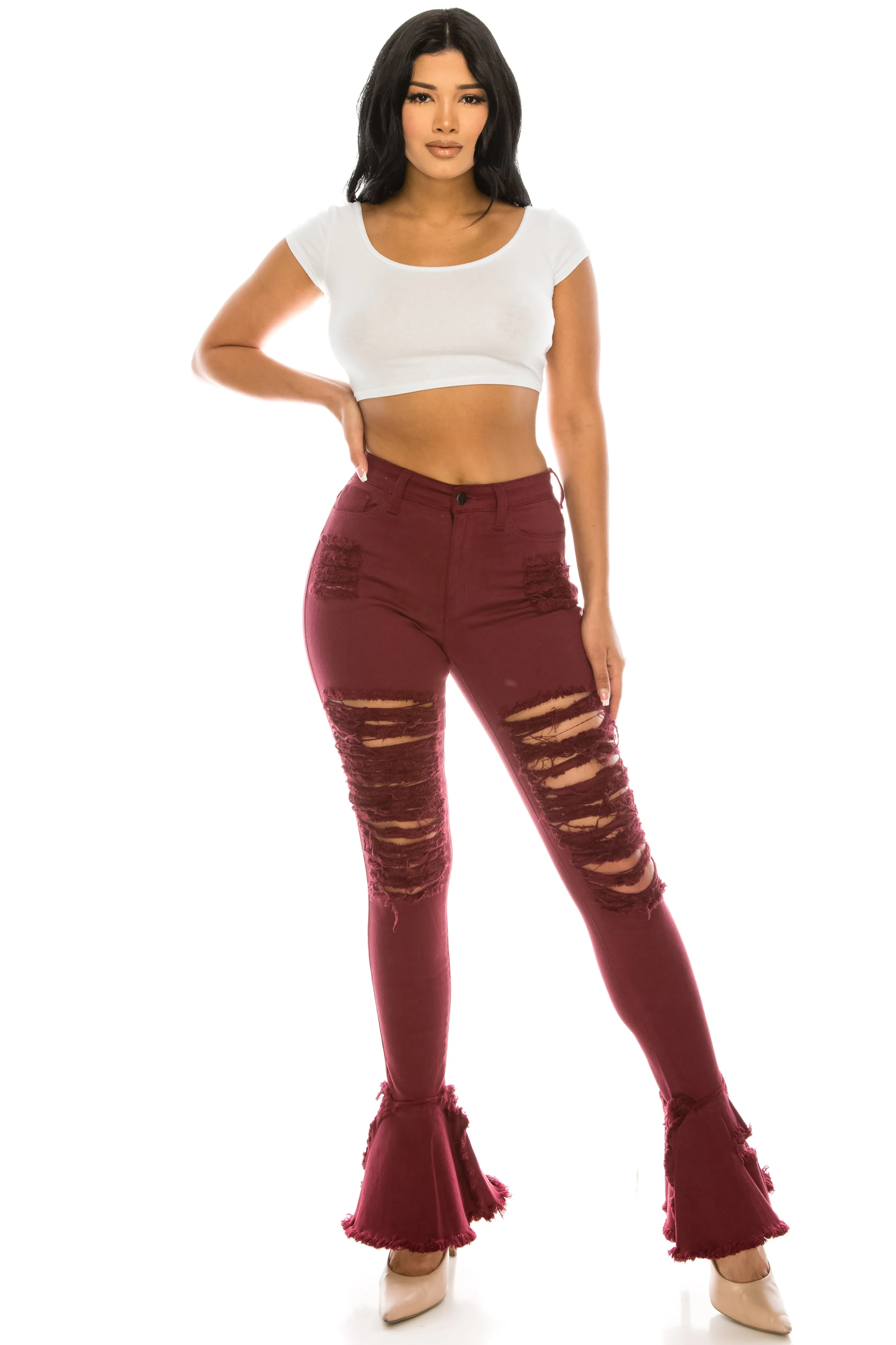 2051 Women's Super High Waisted Distressed Frayed Flare Jeans with Cut Outs
