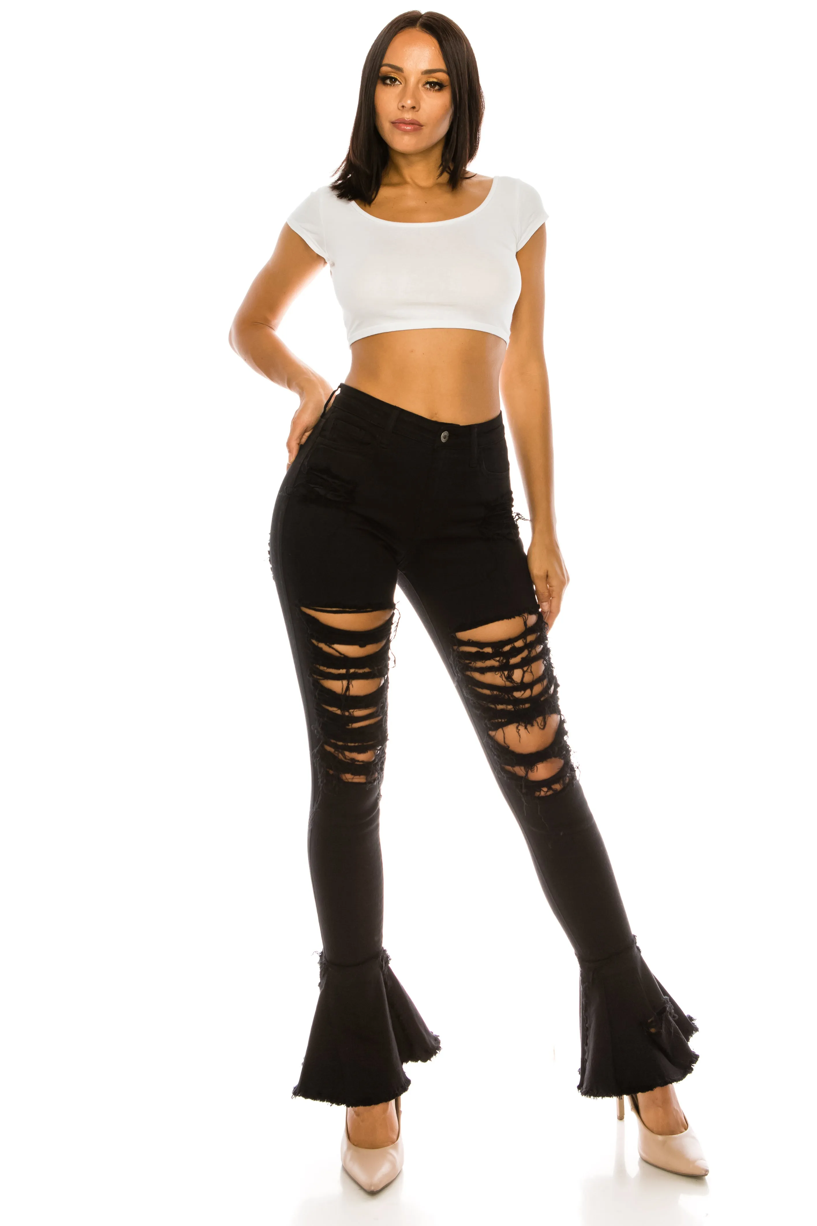 2051 Women's Super High Waisted Distressed Frayed Flare Jeans with Cut Outs
