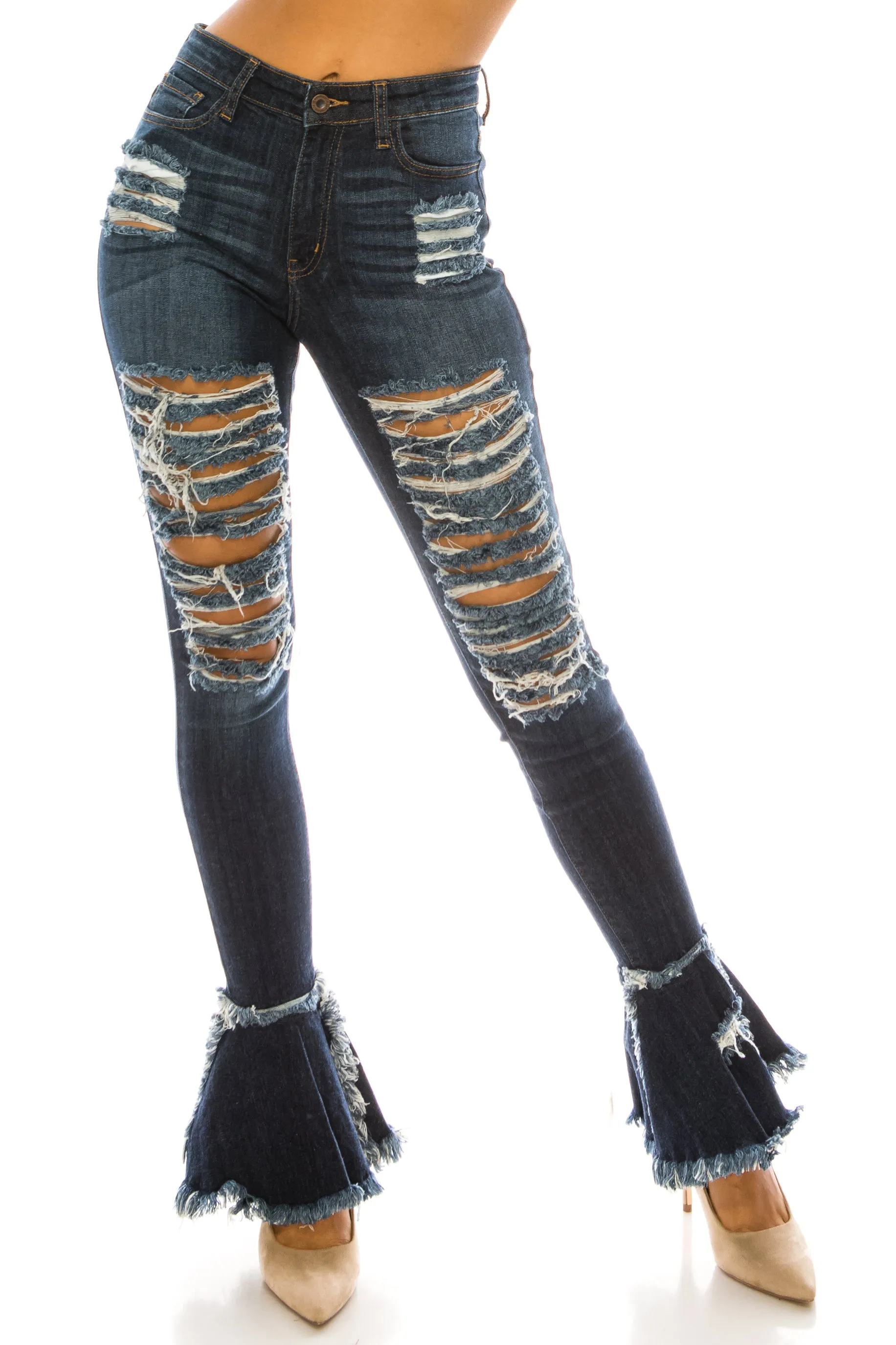 2051 Women's Super High Waisted Distressed Frayed Flare Jeans with Cut Outs