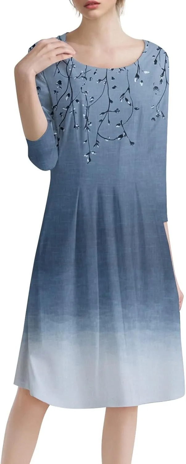 3/4 Sleeve Ladies Fashion Summer Dress Floral Print Round Neck Casual Beach Sundress Midi Dresses with Pockets