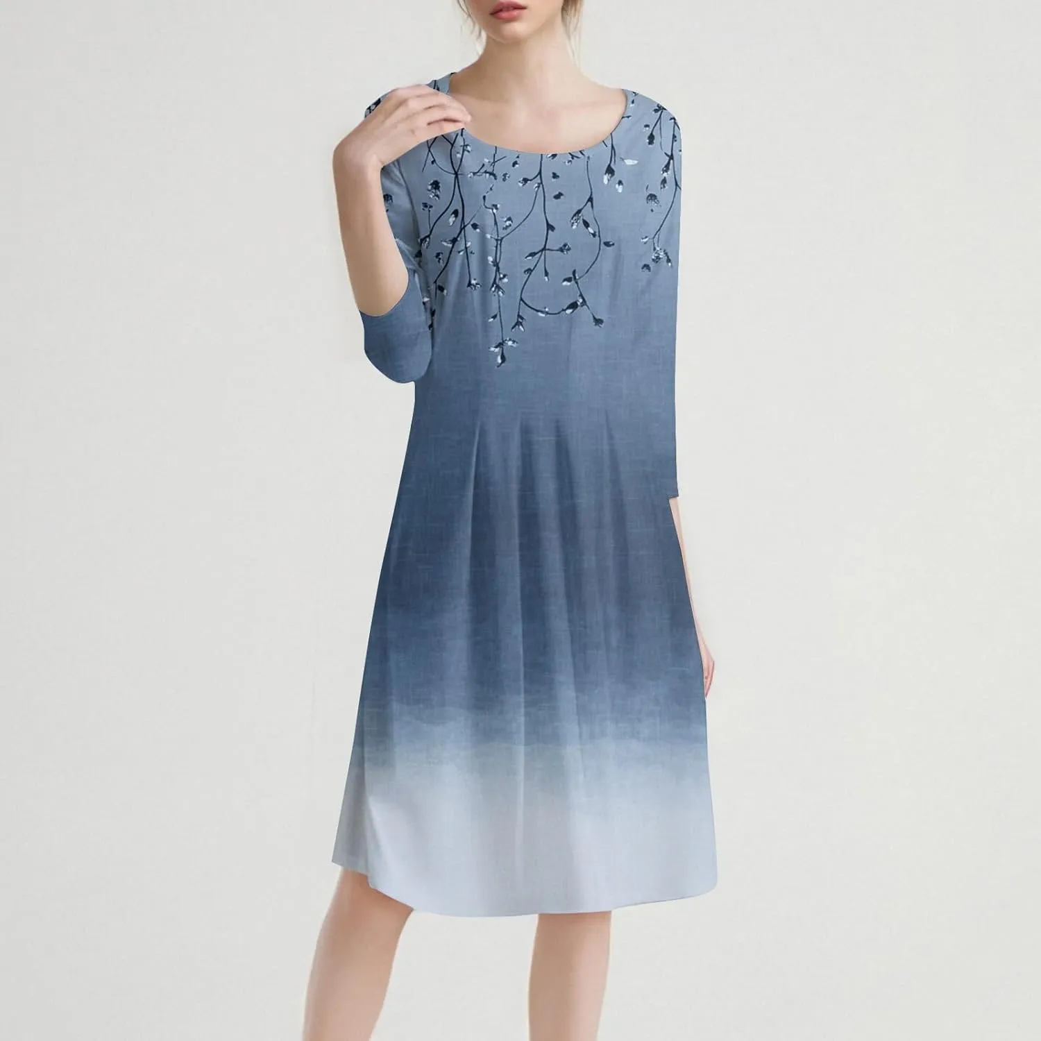 3/4 Sleeve Ladies Fashion Summer Dress Floral Print Round Neck Casual Beach Sundress Midi Dresses with Pockets