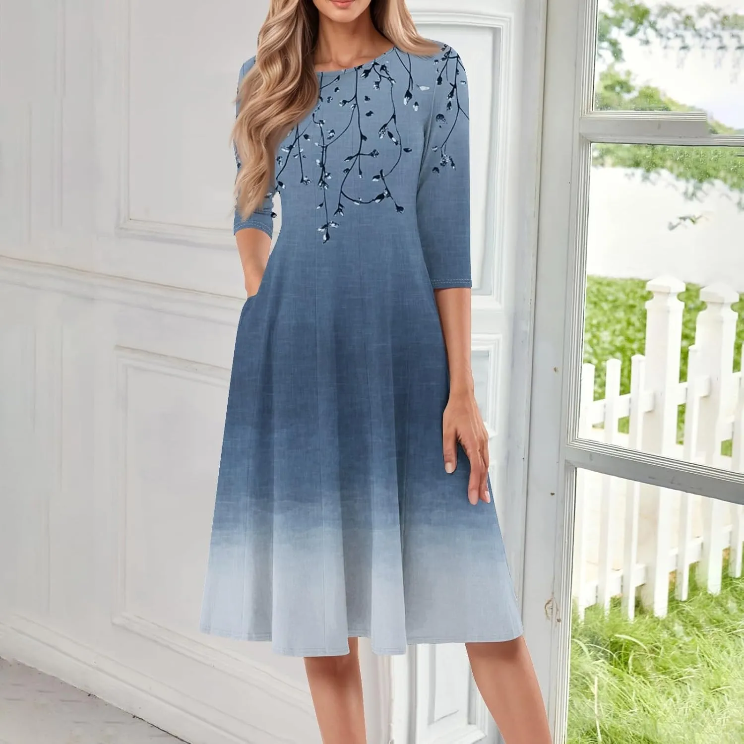 3/4 Sleeve Ladies Fashion Summer Dress Floral Print Round Neck Casual Beach Sundress Midi Dresses with Pockets