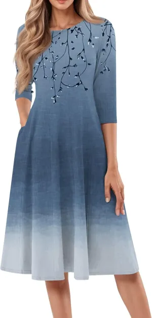 3/4 Sleeve Ladies Fashion Summer Dress Floral Print Round Neck Casual Beach Sundress Midi Dresses with Pockets