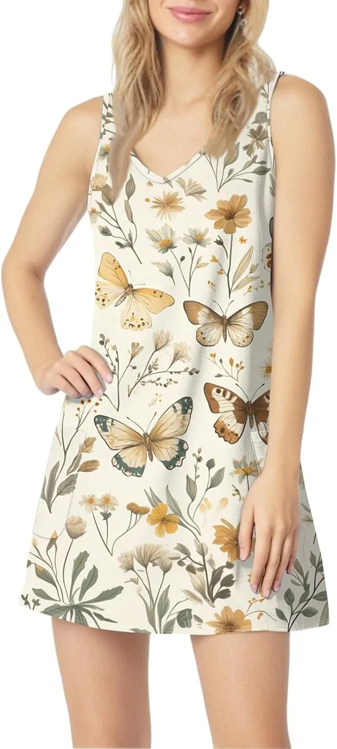ADHOWBEW Flowy Dresses for Women Womens Beach V Neck Cute Tropical Print Sexy Hawaiian Sleeveless Tank Dresses