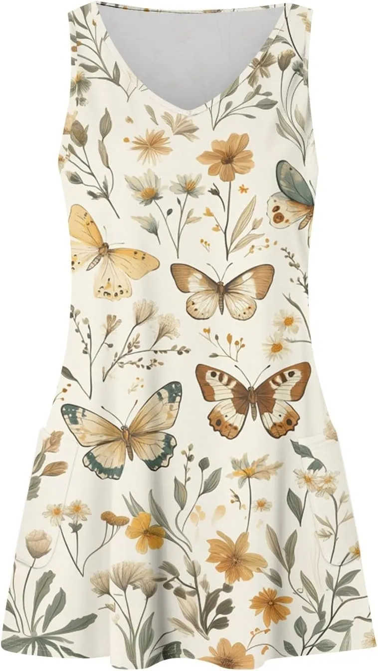 ADHOWBEW Flowy Dresses for Women Womens Beach V Neck Cute Tropical Print Sexy Hawaiian Sleeveless Tank Dresses