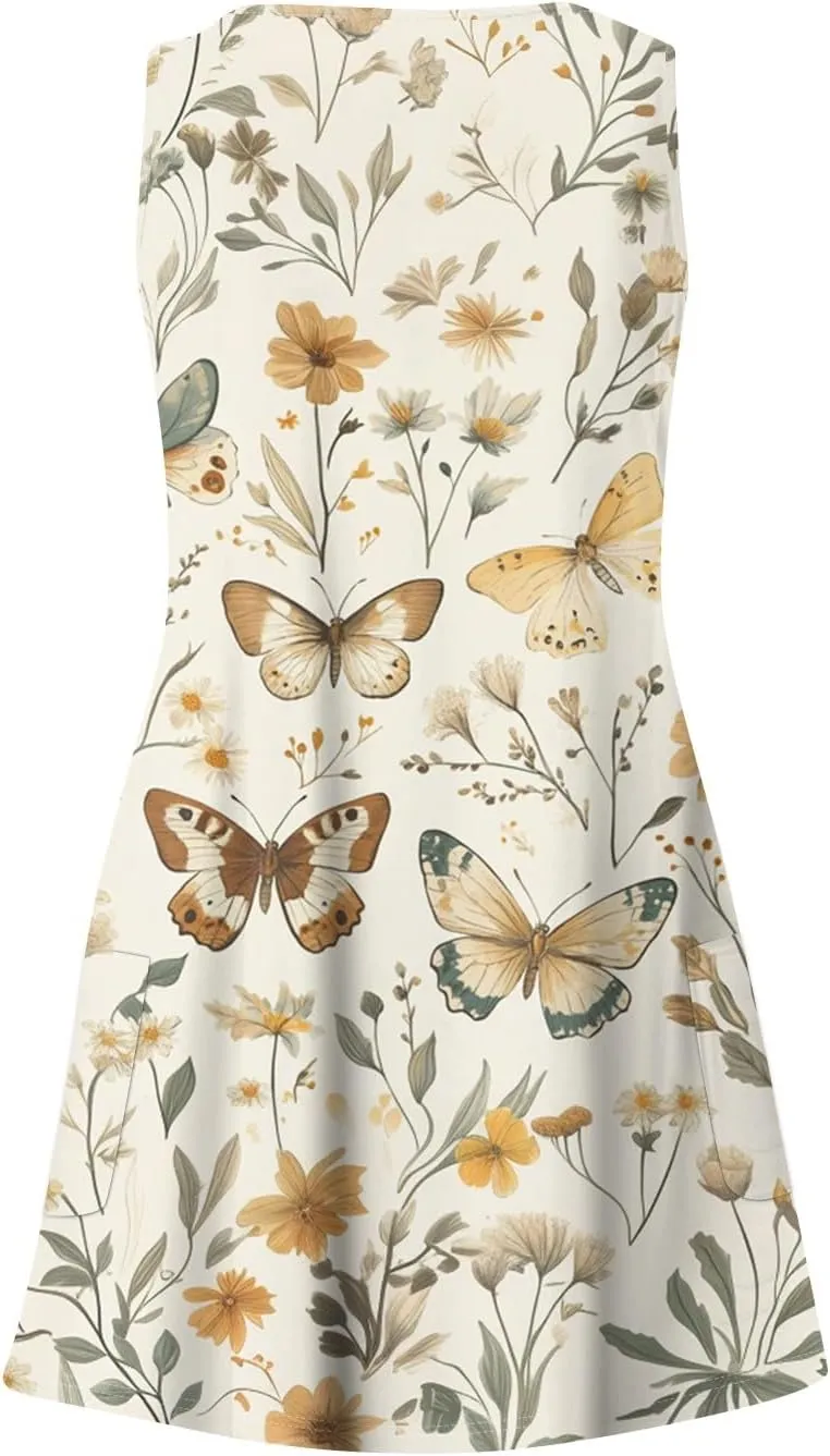 ADHOWBEW Flowy Dresses for Women Womens Beach V Neck Cute Tropical Print Sexy Hawaiian Sleeveless Tank Dresses