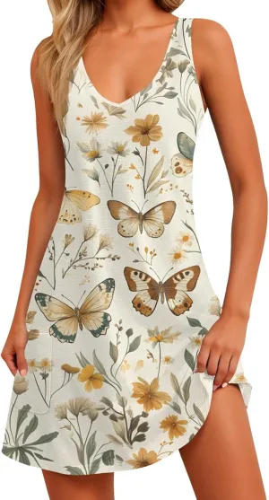 ADHOWBEW Flowy Dresses for Women Womens Beach V Neck Cute Tropical Print Sexy Hawaiian Sleeveless Tank Dresses