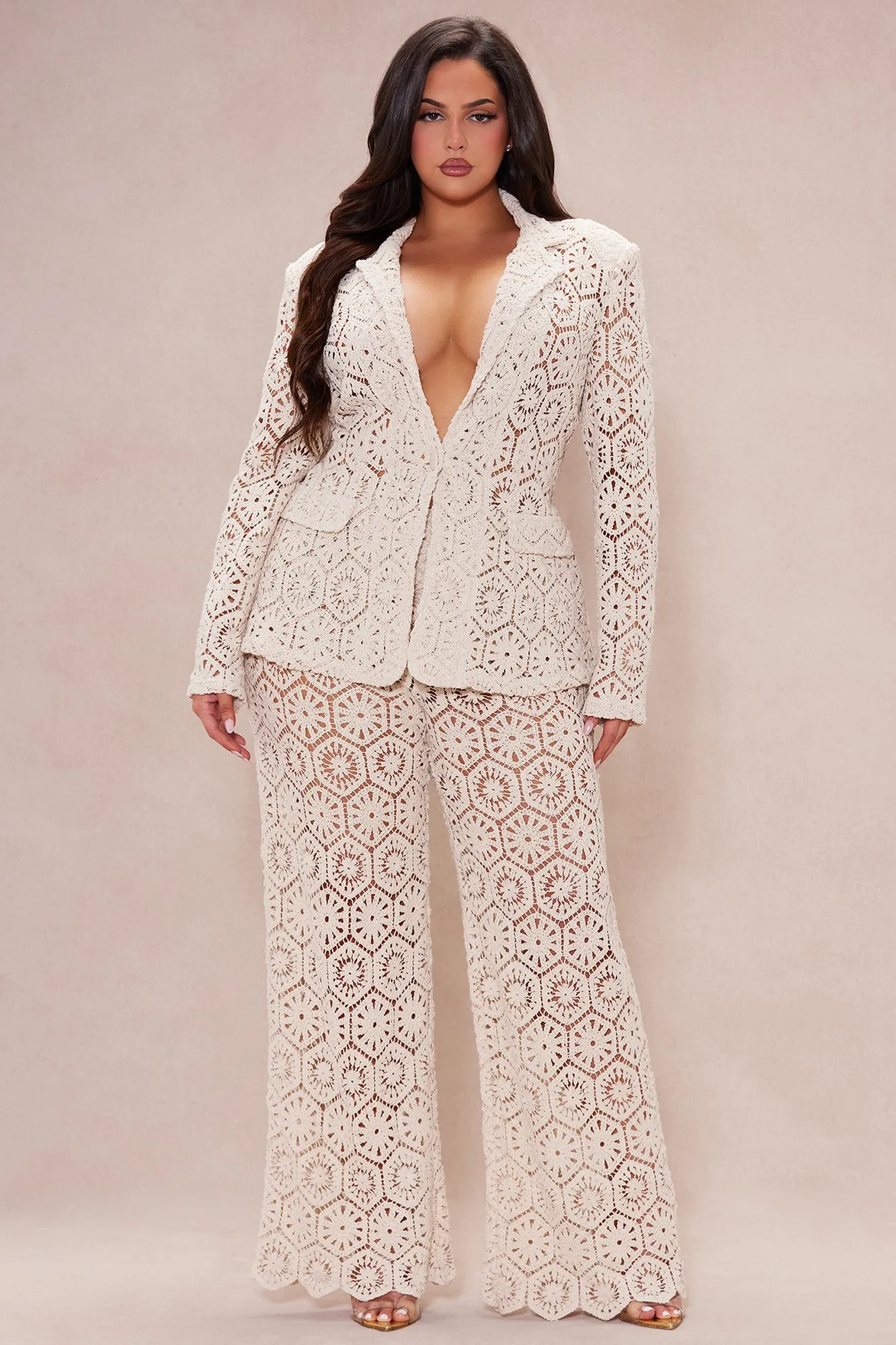 Amalfi Crochet Blazer Suit Set - Cream