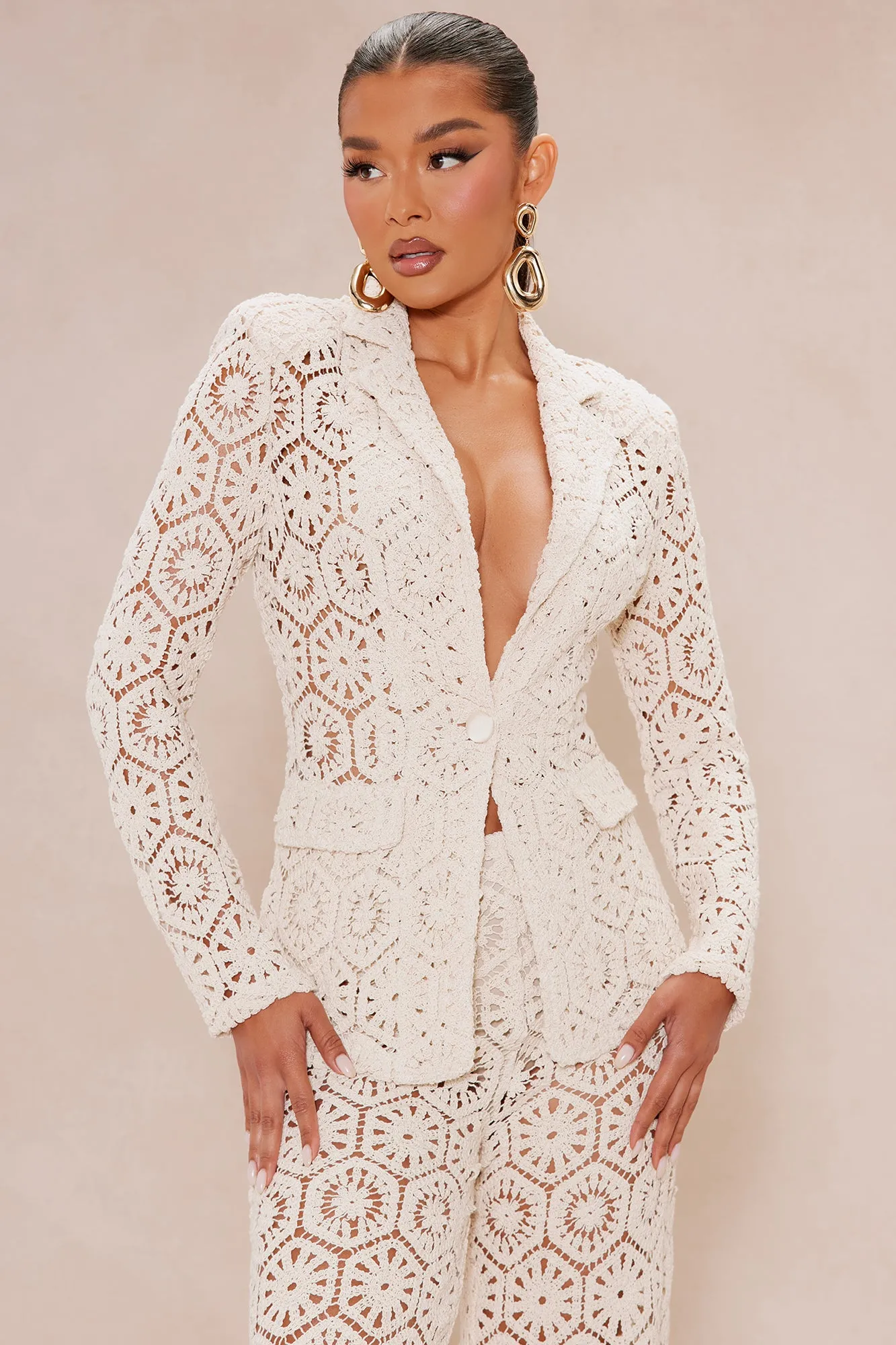 Amalfi Crochet Blazer Suit Set - Cream