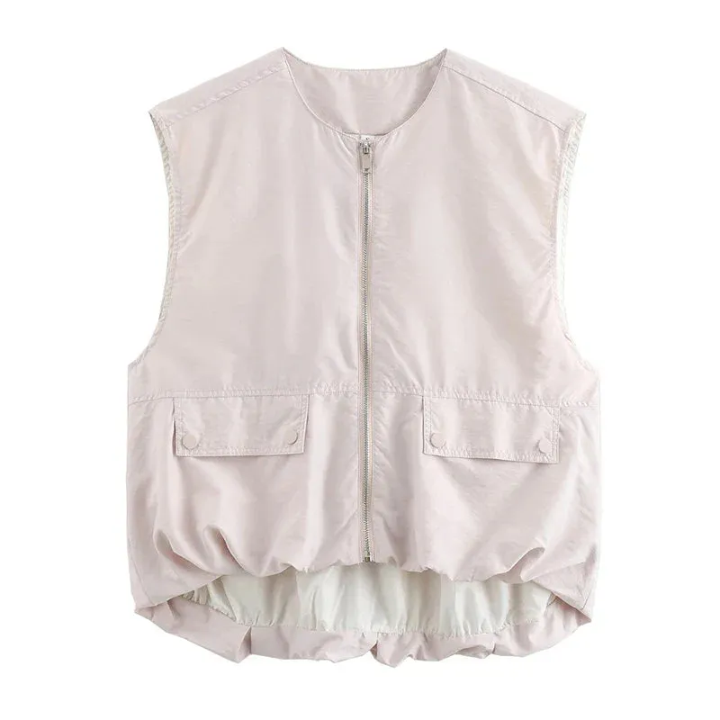 Back To School Joskaa Women's Cropped Waistcoat Fashion O Neck  Zipper Vest Women Sleeveless Loose Vests Coats Female Chic Tops