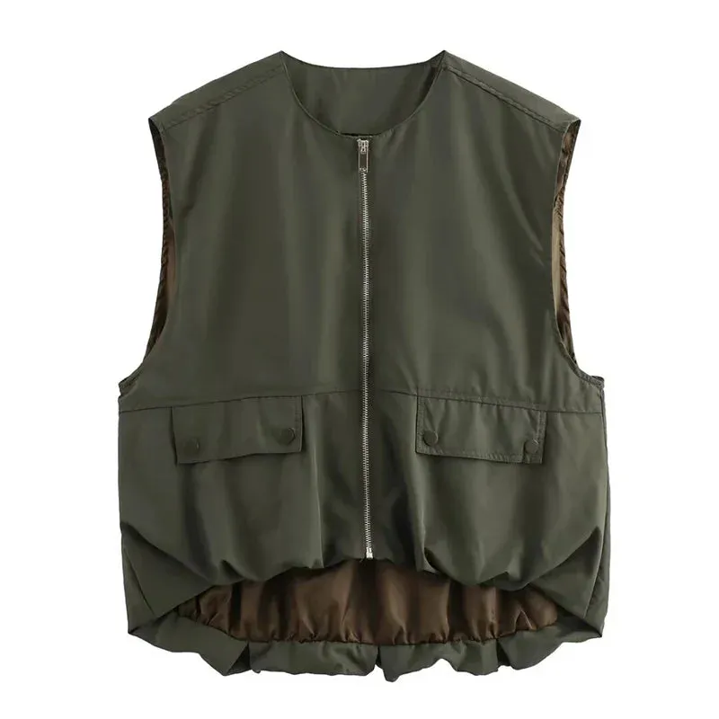 Back To School Joskaa Women's Cropped Waistcoat Fashion O Neck  Zipper Vest Women Sleeveless Loose Vests Coats Female Chic Tops