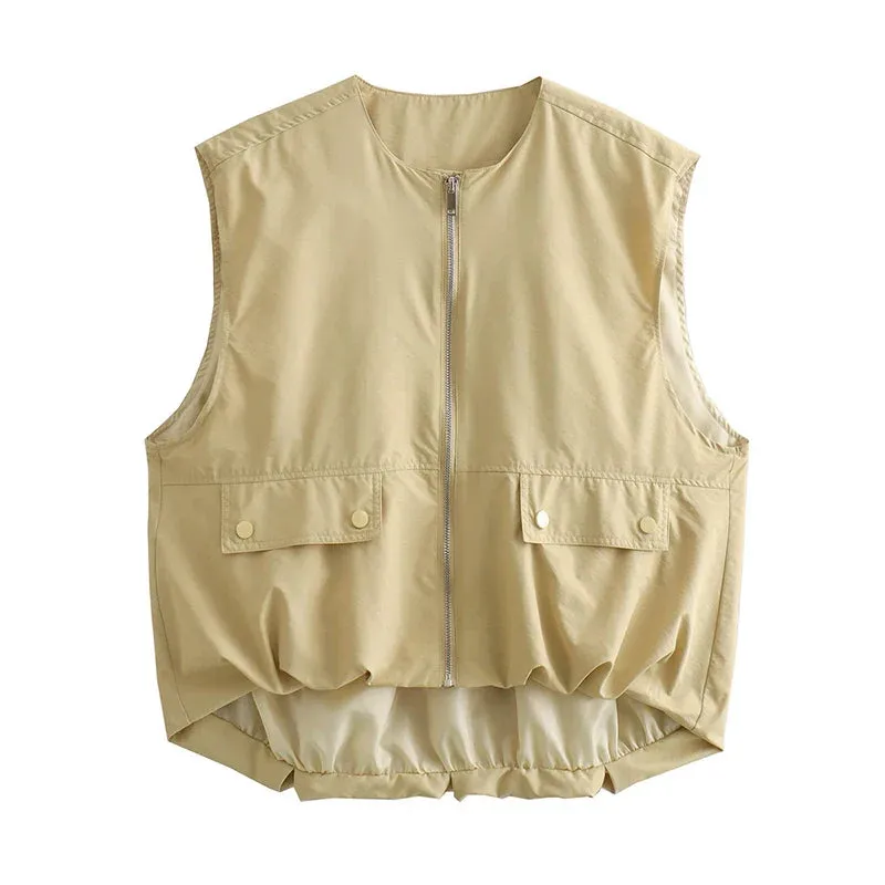 Back To School Joskaa Women's Cropped Waistcoat Fashion O Neck  Zipper Vest Women Sleeveless Loose Vests Coats Female Chic Tops