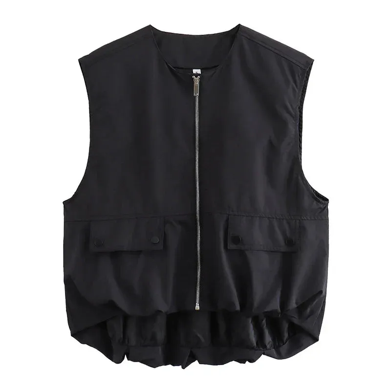 Back To School Joskaa Women's Cropped Waistcoat Fashion O Neck  Zipper Vest Women Sleeveless Loose Vests Coats Female Chic Tops