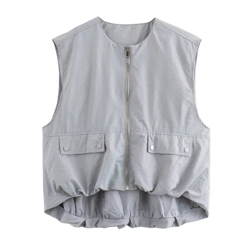 Back To School Joskaa Women's Cropped Waistcoat Fashion O Neck  Zipper Vest Women Sleeveless Loose Vests Coats Female Chic Tops