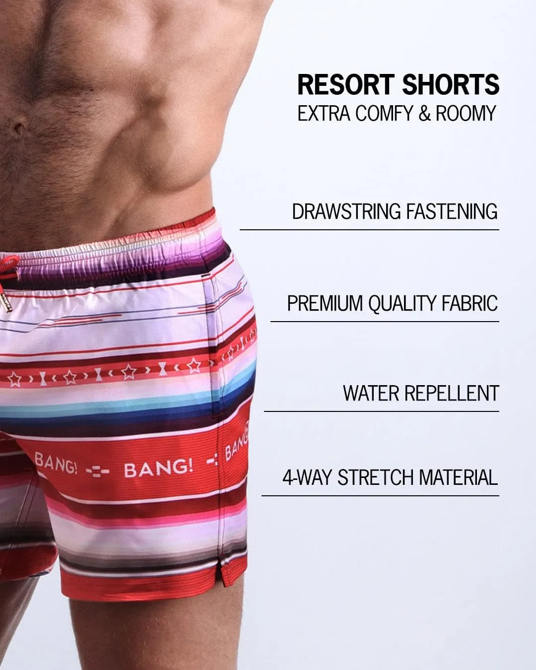 Bang Men's Swimwear - Resort Shorts - Stretchy Boardshorts Elasticated Waitsband Beach Wear