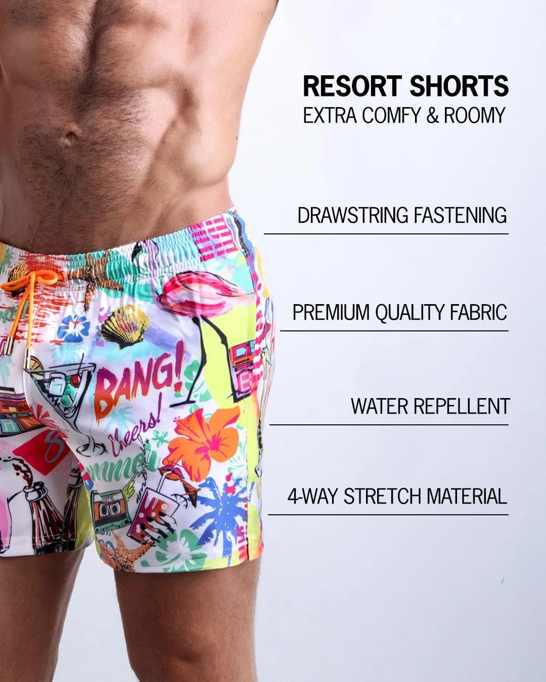 Bang Men's Swimwear - Resort Shorts - Stretchy Boardshorts Elasticated Waitsband Beach Wear