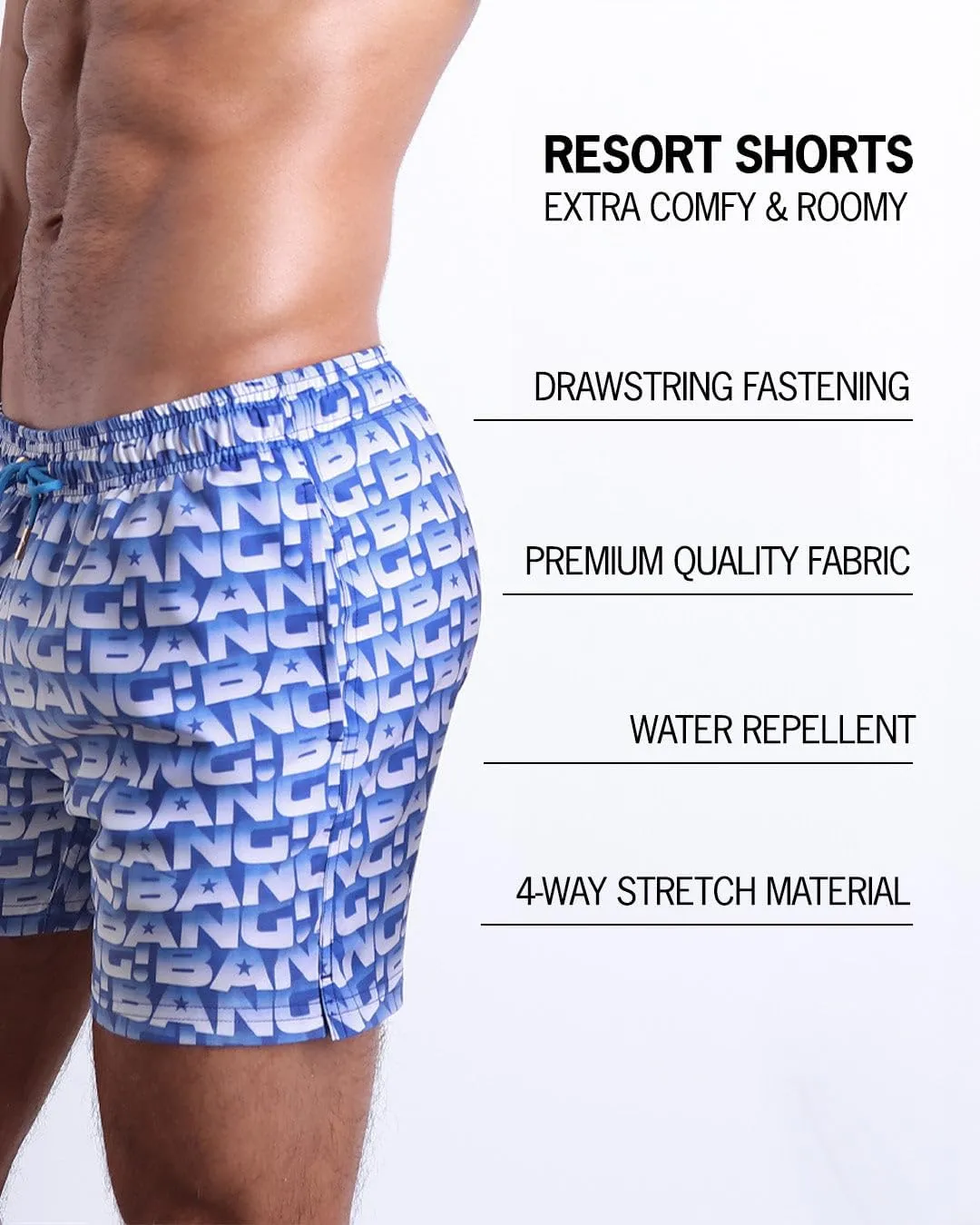 Bang Men's Swimwear - Resort Shorts - Stretchy Boardshorts Elasticated Waitsband Beach Wear