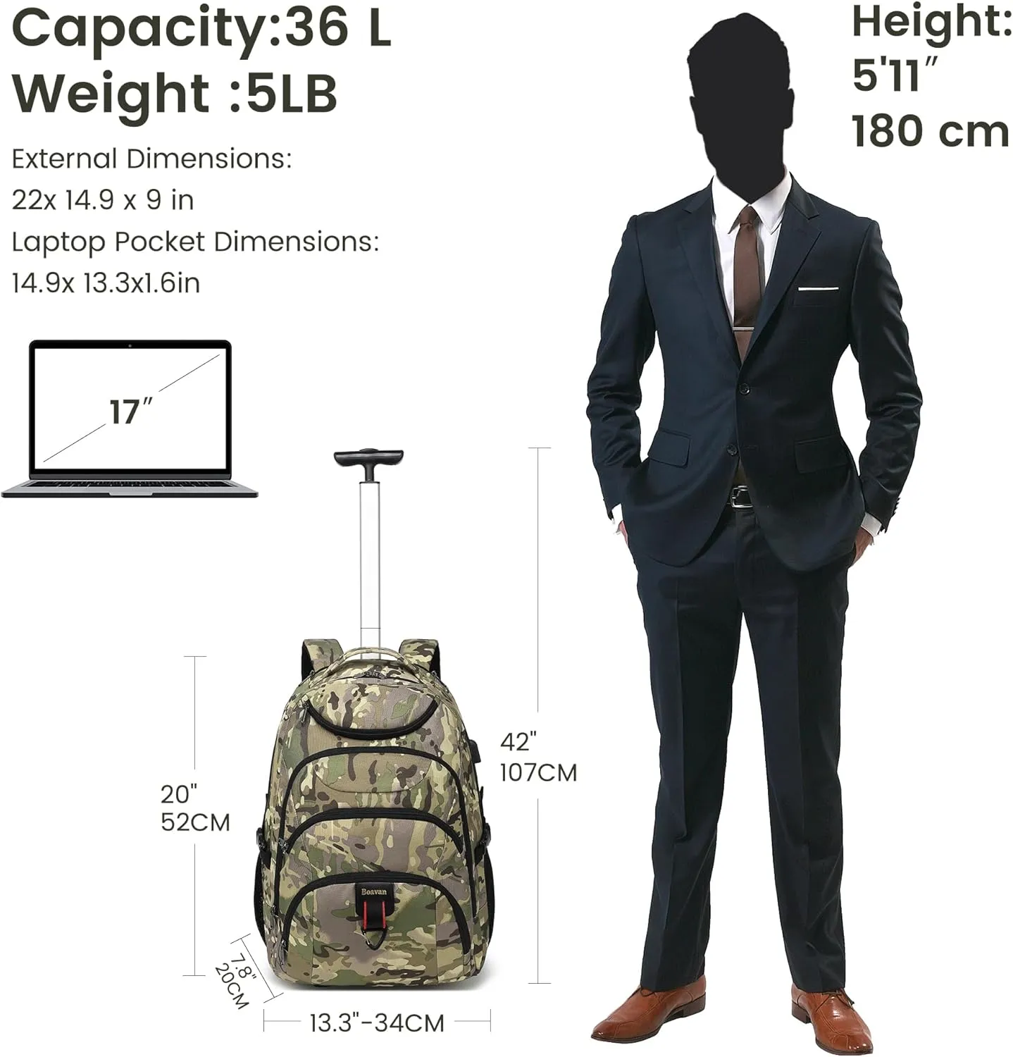 Boavan Rolling Backpack,17 inch Water Resistant Wheeled Backpack,Carry on Luggage Business Bag, Overnight College Computer Bag Trolley Suitcase for Men Women Adults to Travel
