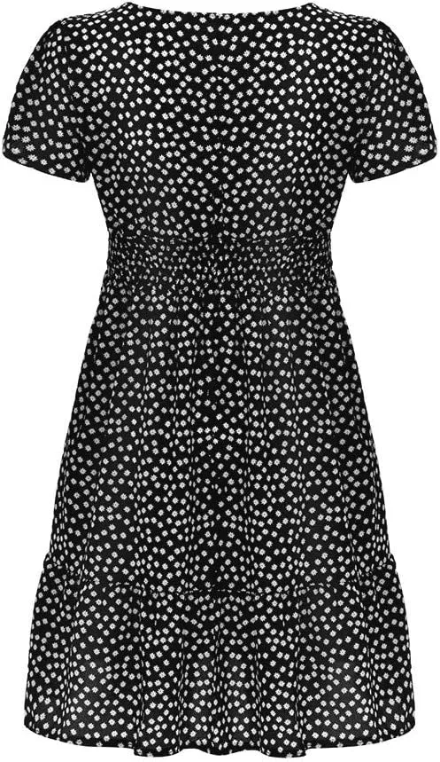 Boho Sundress Womens Floral Dresses 2024 Short Sleeve Corset Milkmaid Summer Ruffle Tiered Puff Casual Swing Mini
