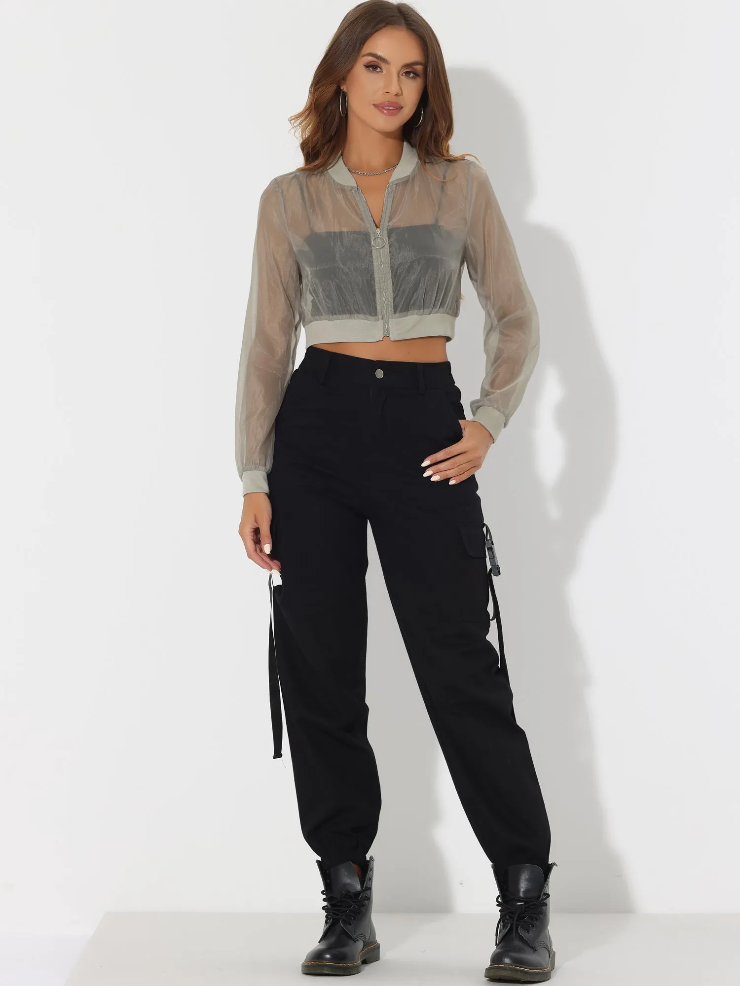 Bomber Long Sleeve Crop Mesh Sheer Zip Up Jackets