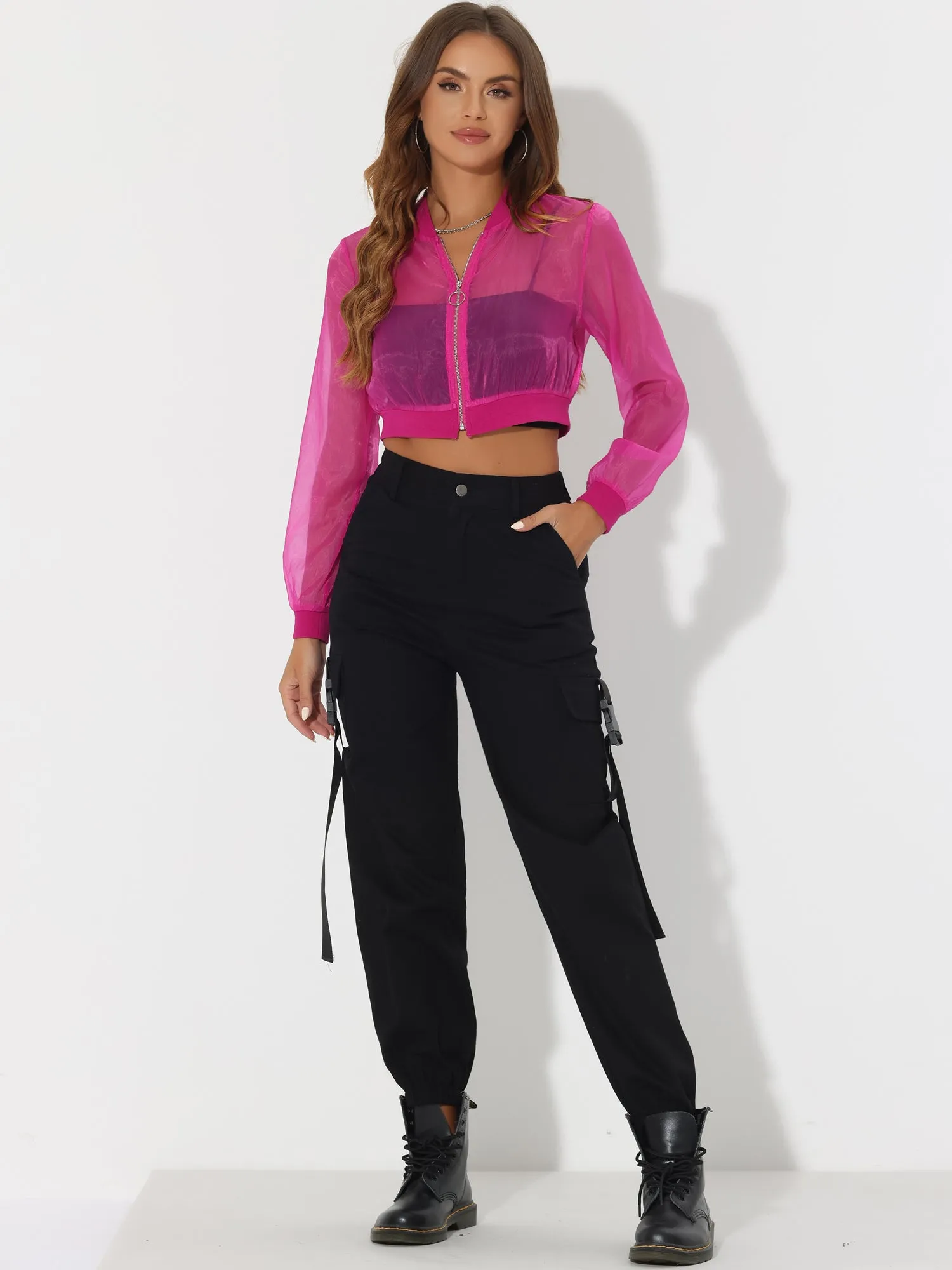 Bomber Long Sleeve Crop Mesh Sheer Zip Up Jackets