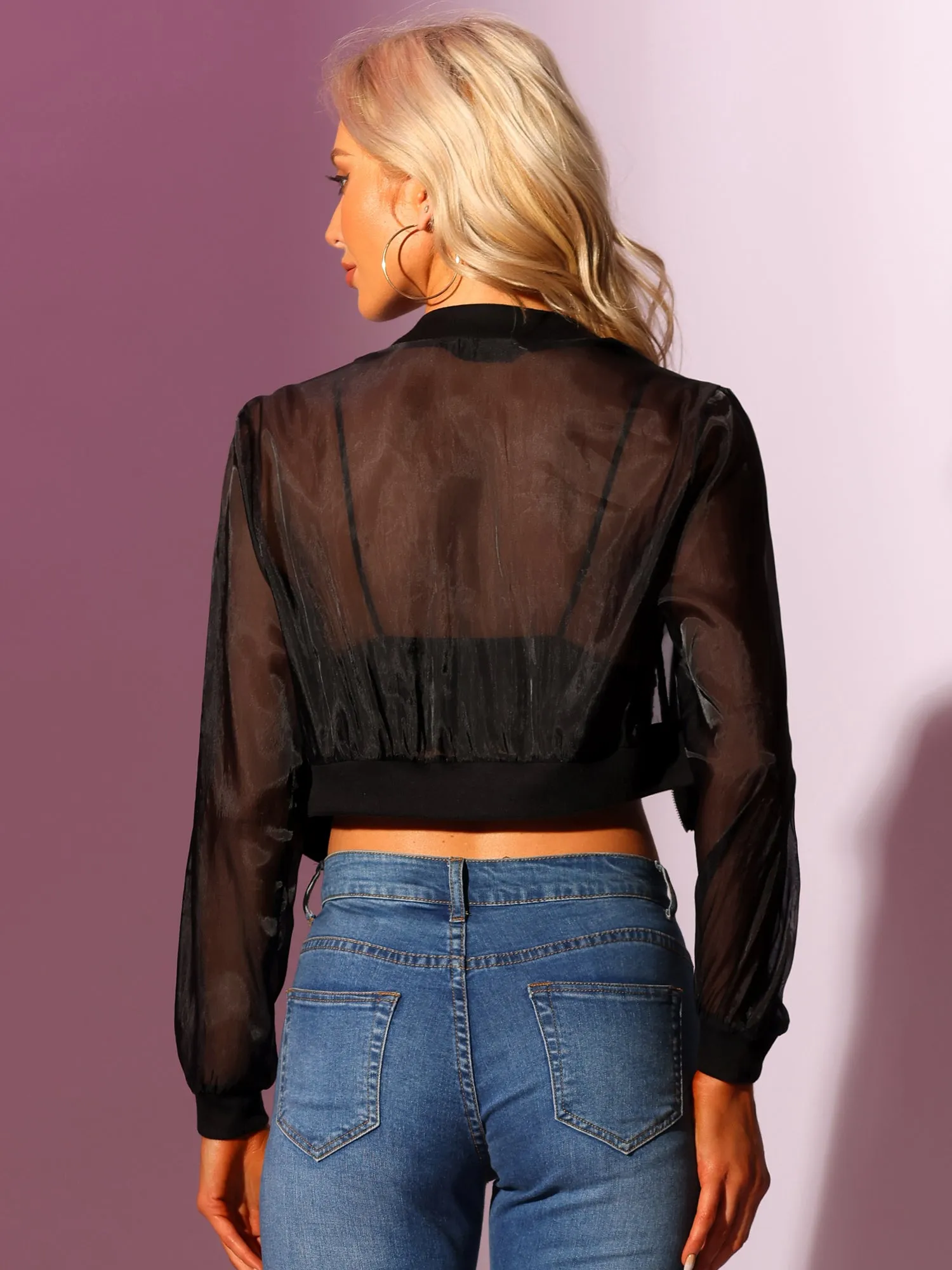 Bomber Long Sleeve Crop Mesh Sheer Zip Up Jackets