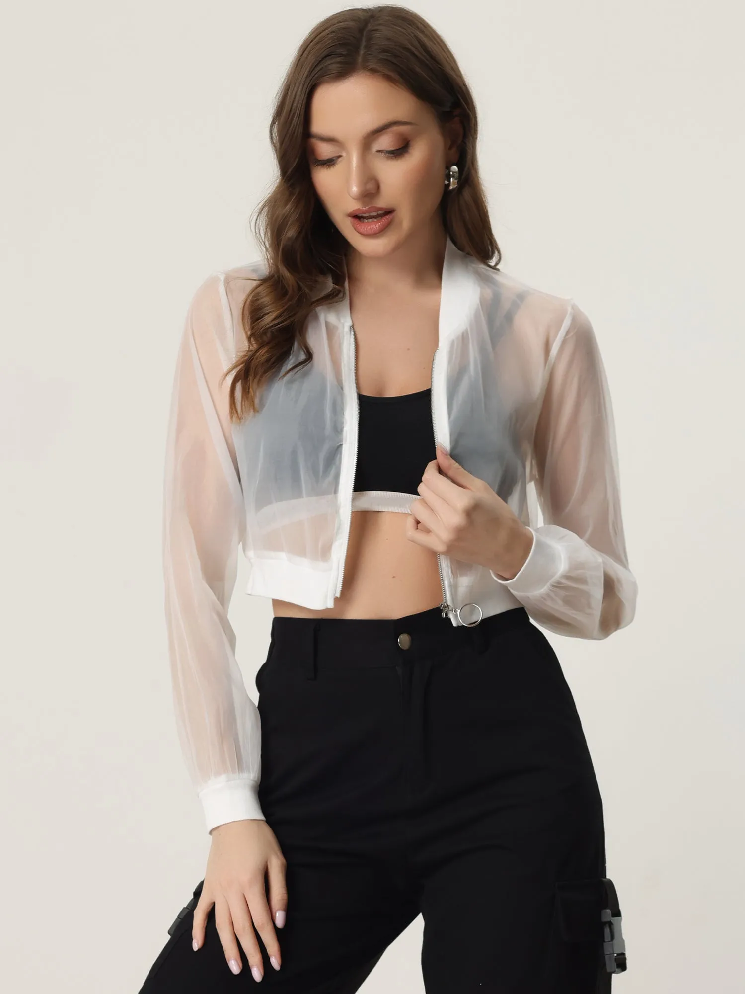 Bomber Long Sleeve Crop Mesh Sheer Zip Up Jackets