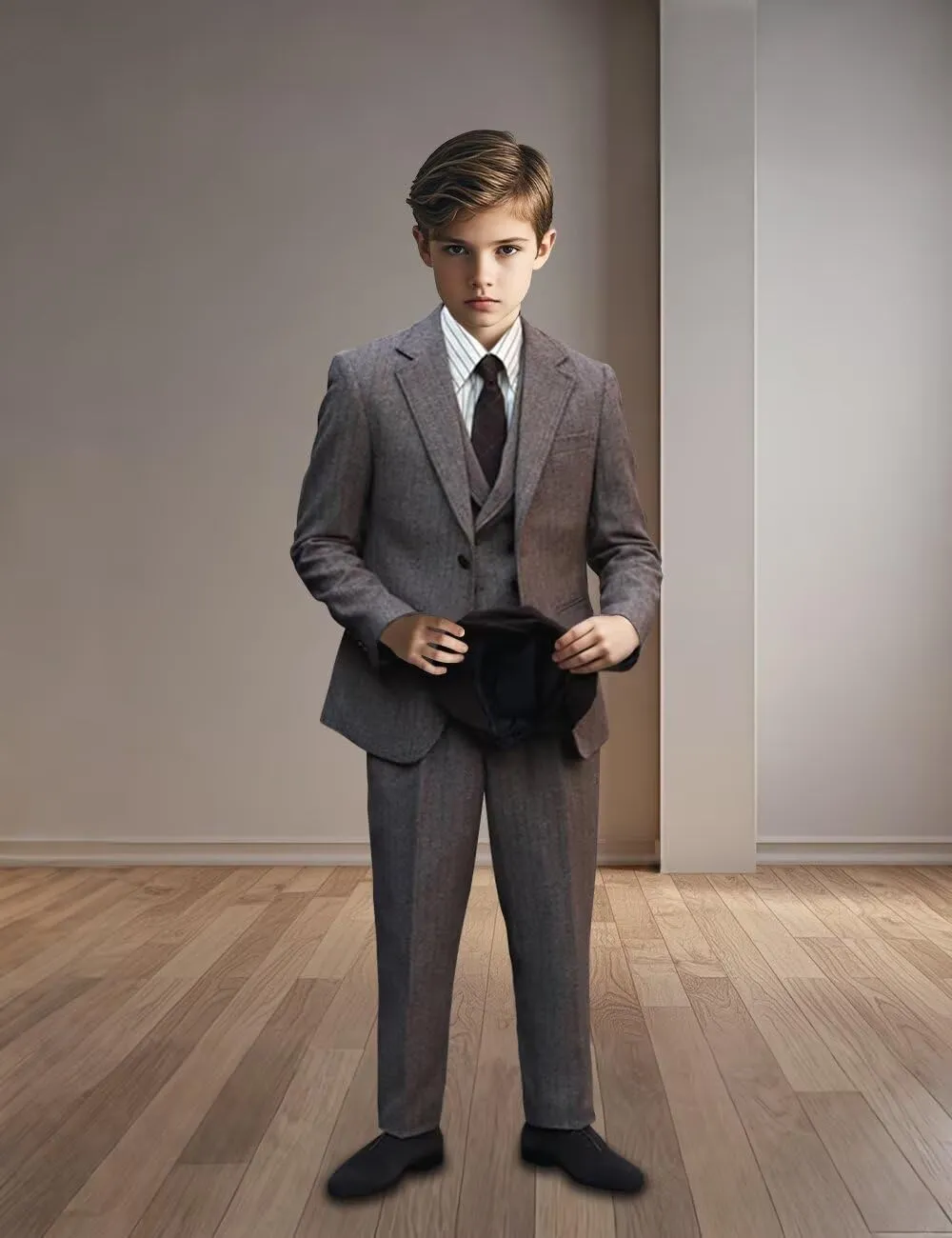 Boys Suit 3 Piece Herringbone Tweed Suits for Kids Slim Fit Formal Wedding Party Tuxedo Jacket Vest Pants Set