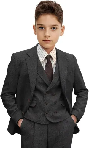 Boys Suit 3 Piece Herringbone Tweed Suits for Kids Slim Fit Formal Wedding Party Tuxedo Jacket Vest Pants Set