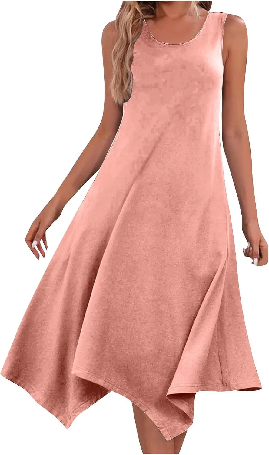 Cancel Prime Membership Now Women's Hankerchief Hem Maxi Tank Dresses Summer Sleeveless Crew Neck Sundress Casual Ruffle A-Line Boho Dress Dress for Women Pink 2X