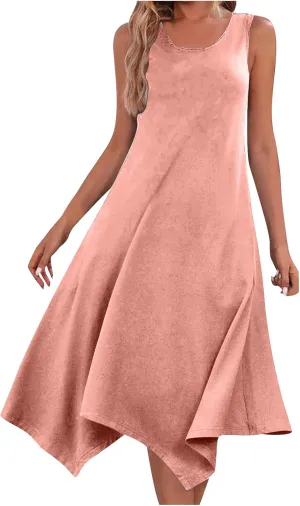 Cancel Prime Membership Now Women's Hankerchief Hem Maxi Tank Dresses Summer Sleeveless Crew Neck Sundress Casual Ruffle A-Line Boho Dress Dress for Women Pink 2X