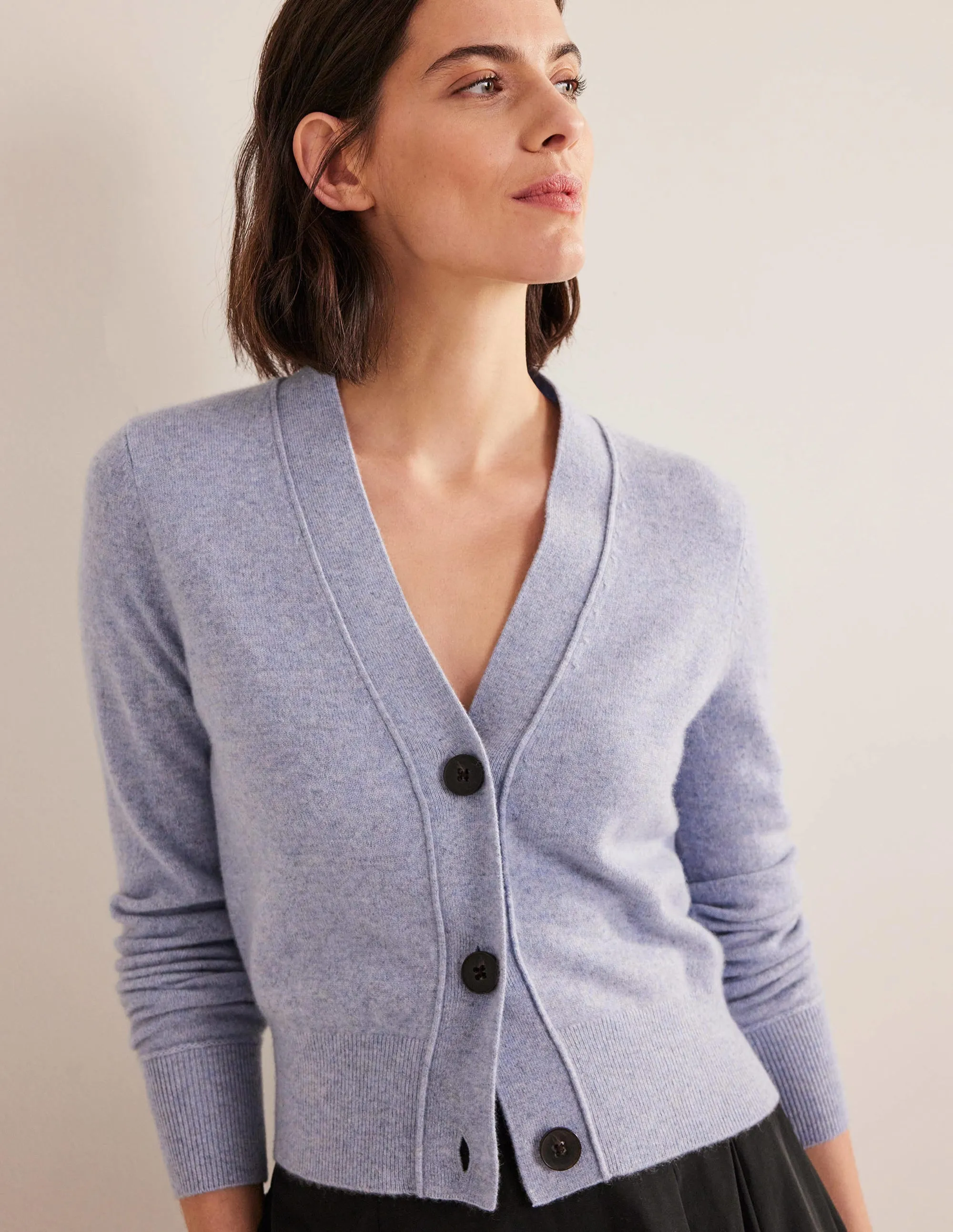 Cashmere V-neck Cardigan-Blue Melange
