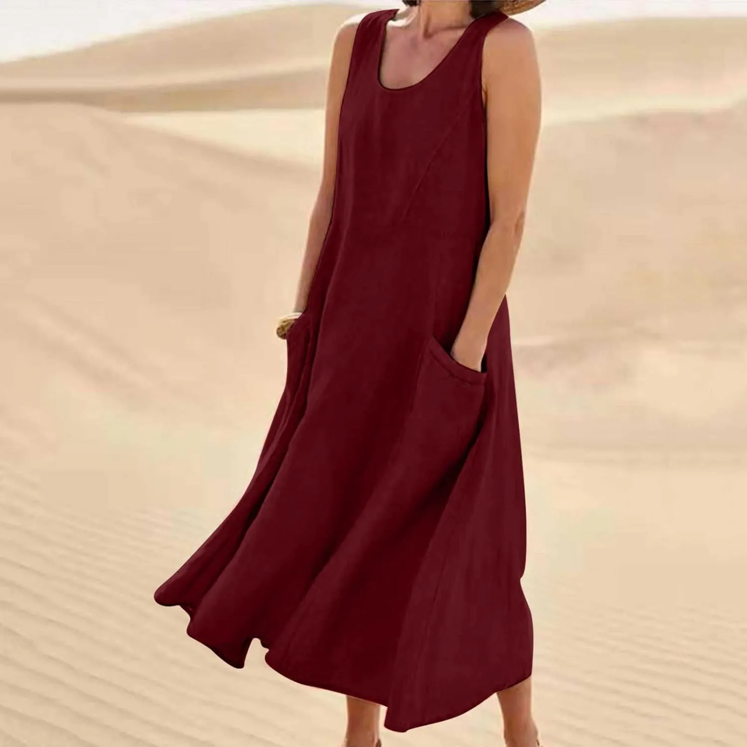 casual dresses for women summer sleeveless striped flowy ruffle dress long tshirt dress with pockets beach sundress