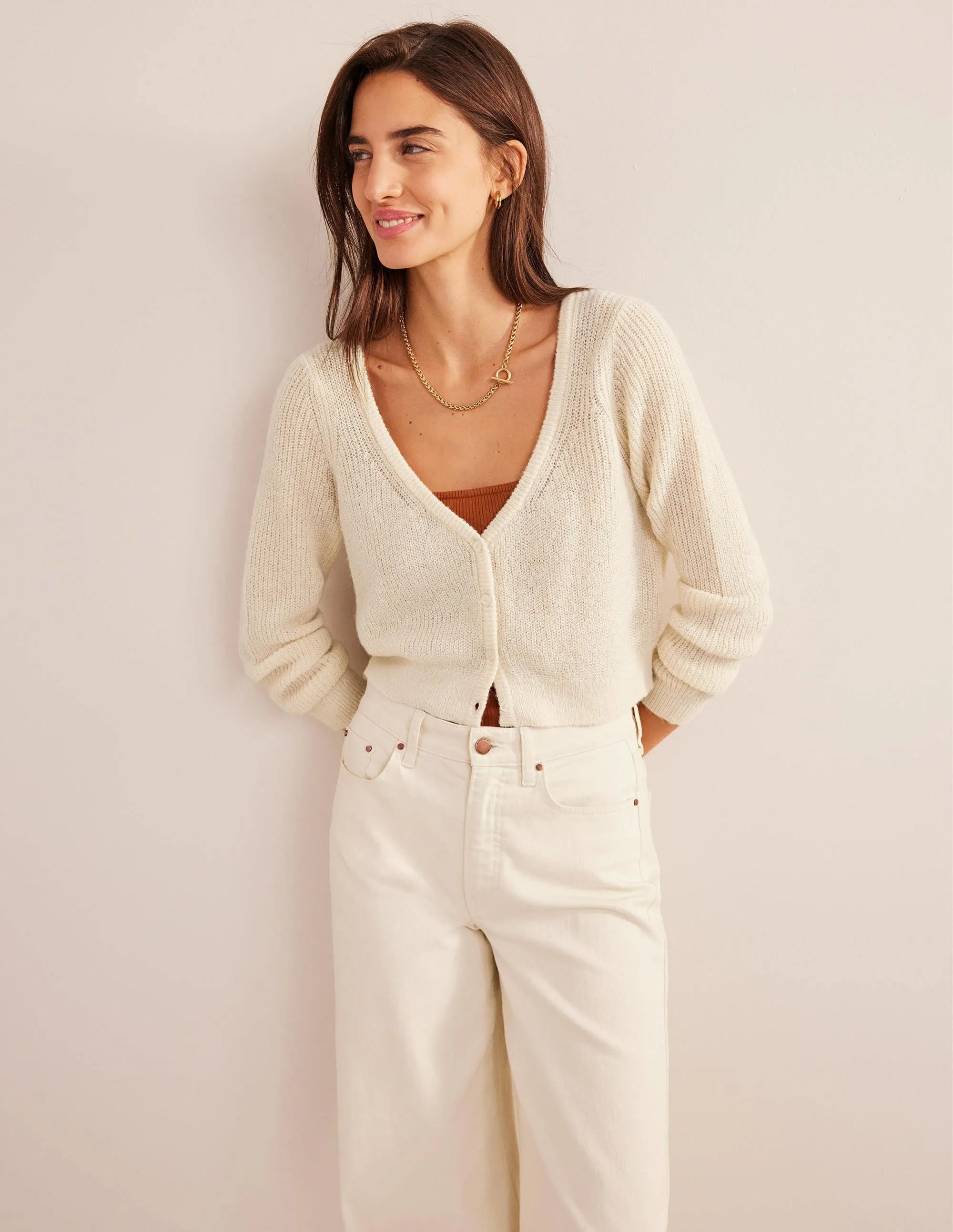 Cropped Fluffy Cardigan-Warm Ivory