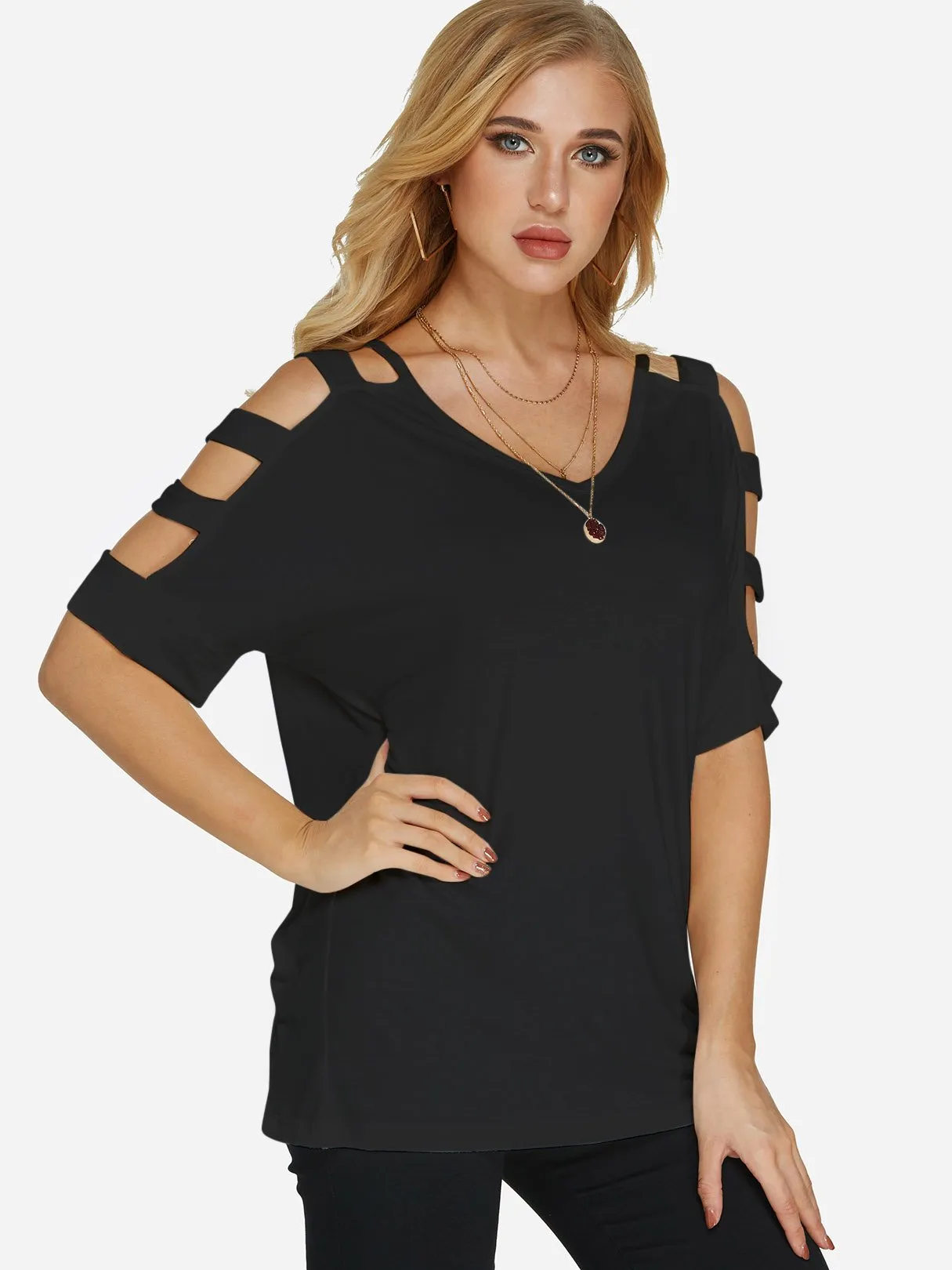 Custom Cold Shoulder Cut Out Half Sleeve Black T-Shirts