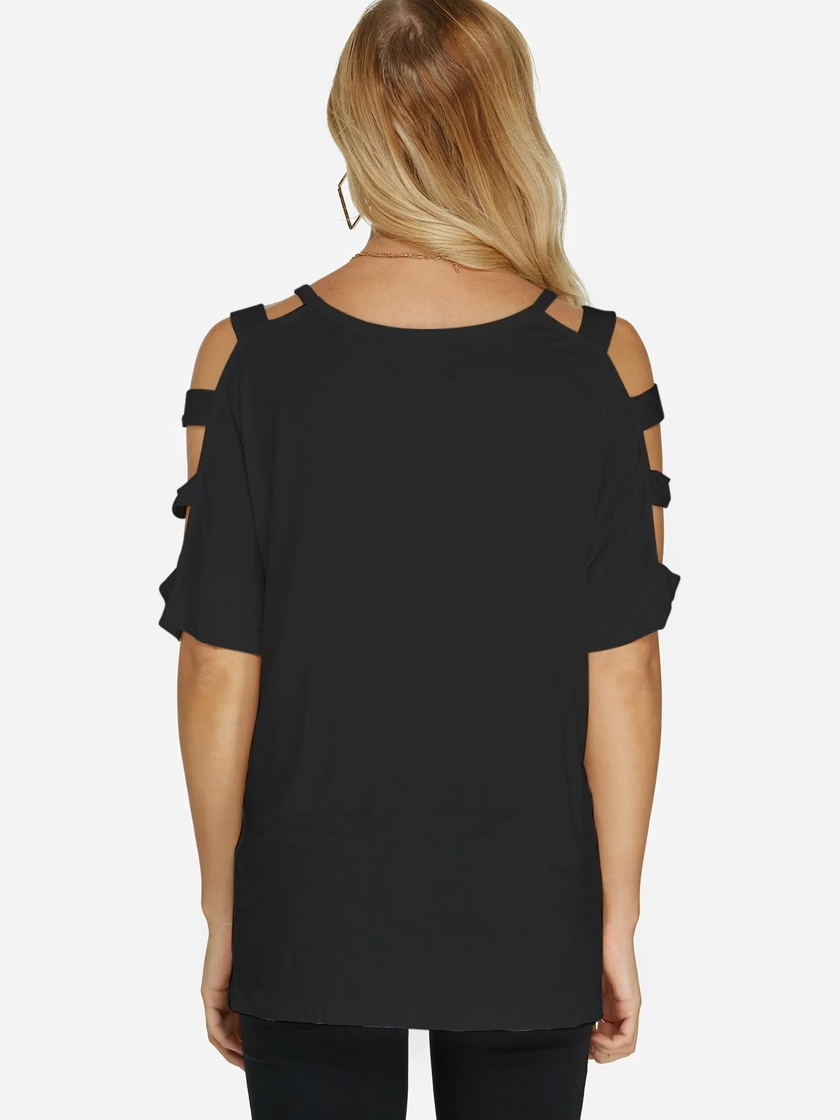 Custom Cold Shoulder Cut Out Half Sleeve Black T-Shirts