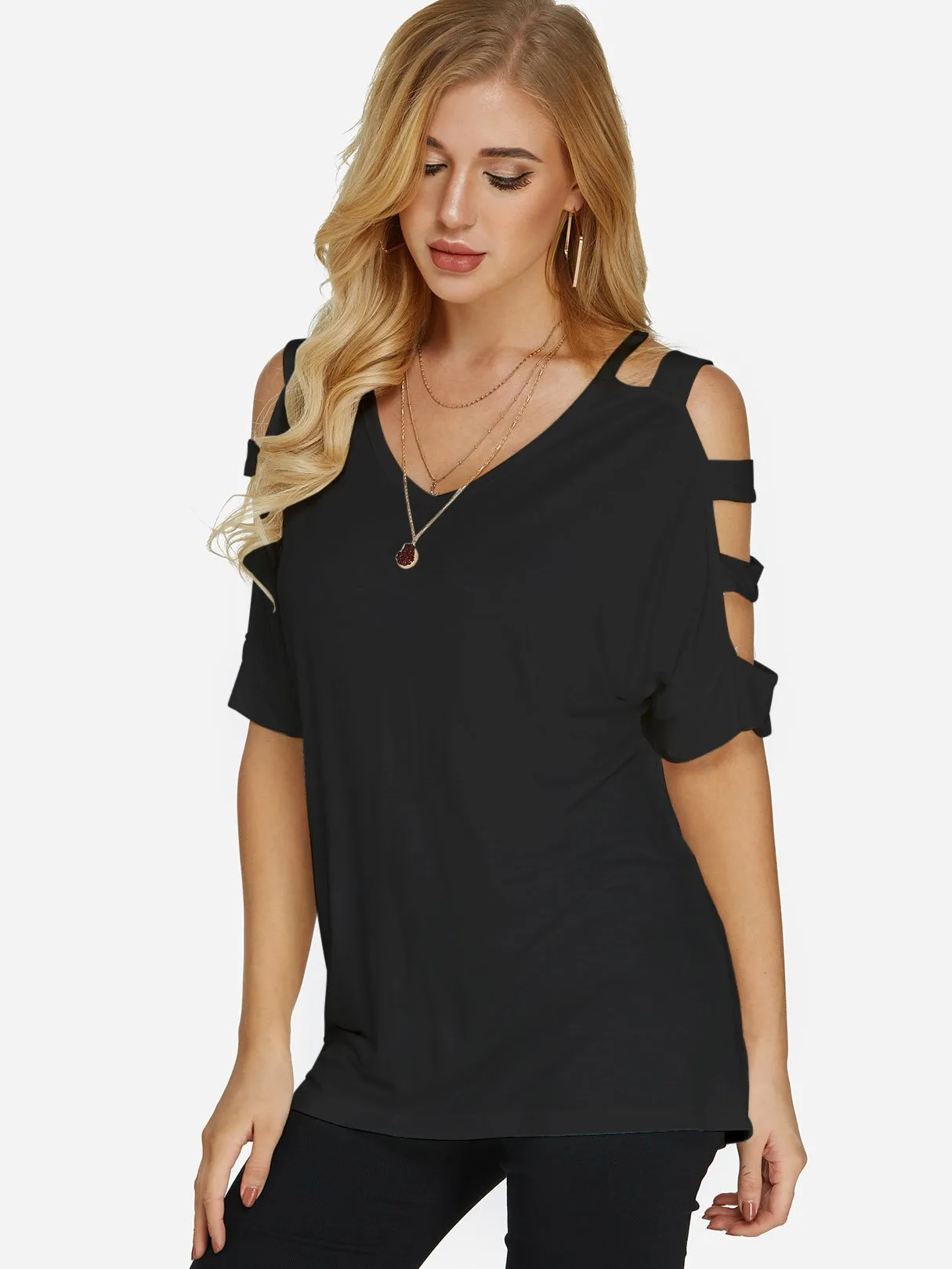 Custom Cold Shoulder Cut Out Half Sleeve Black T-Shirts
