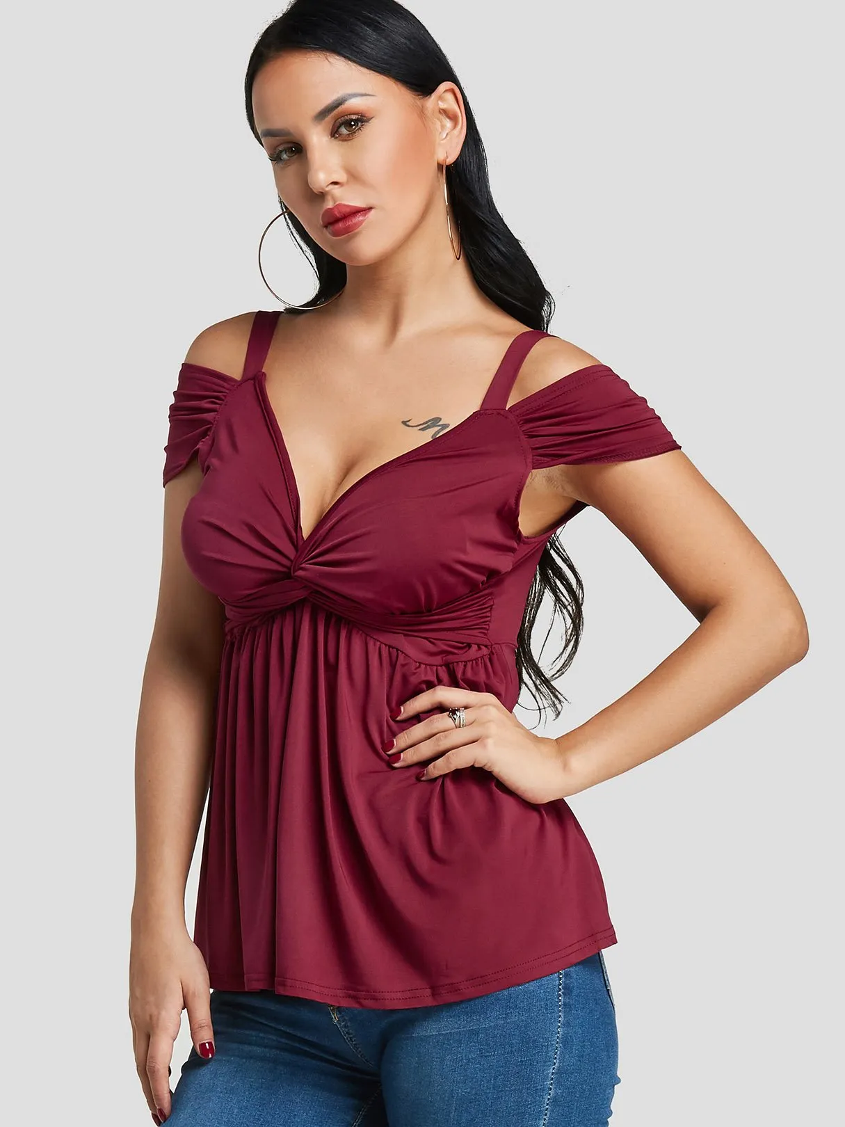 Custom Cold Shoulder Pleated Twist Short Sleeve Top