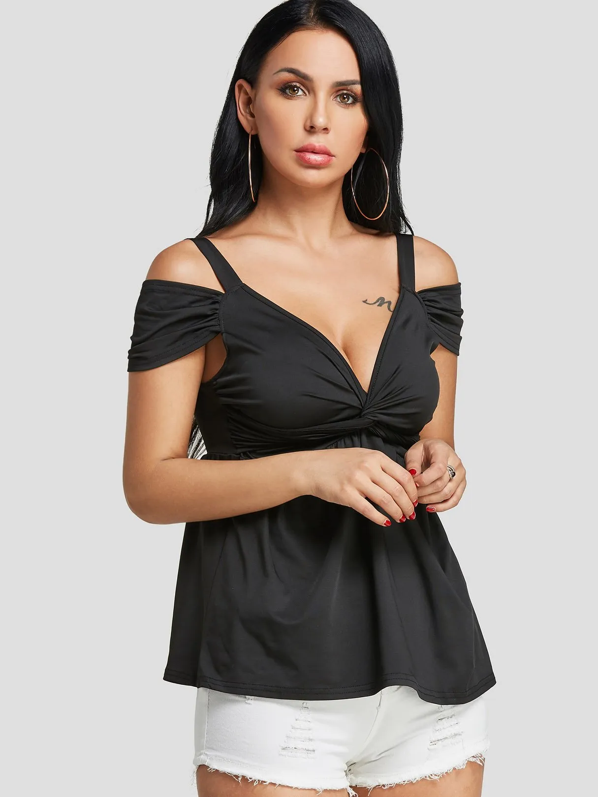 Custom Cold Shoulder Pleated Twist Short Sleeve Top